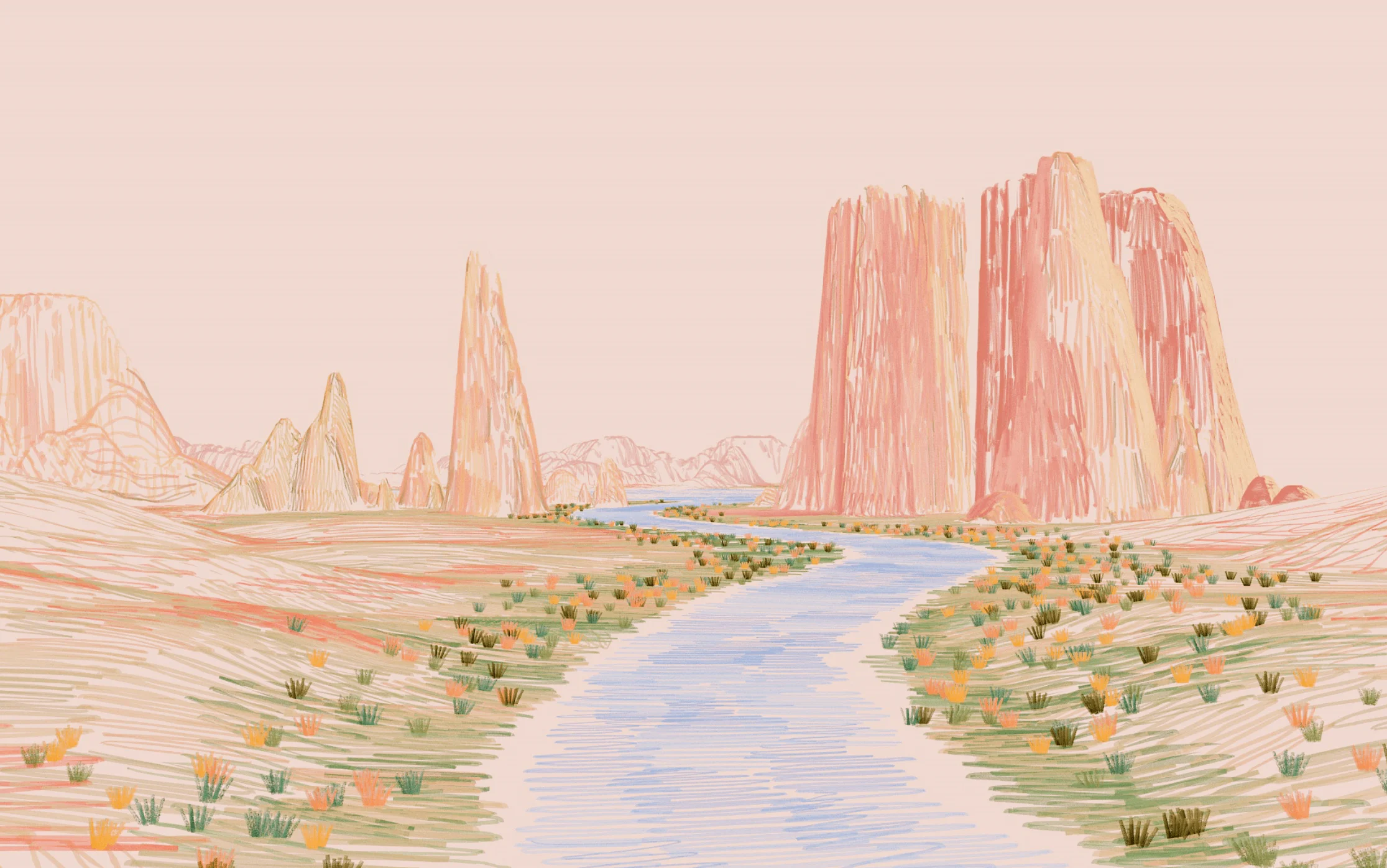 A screenshot from an animation of a desert landscape, with large mountains, a river and greenery sprouting from the ground.