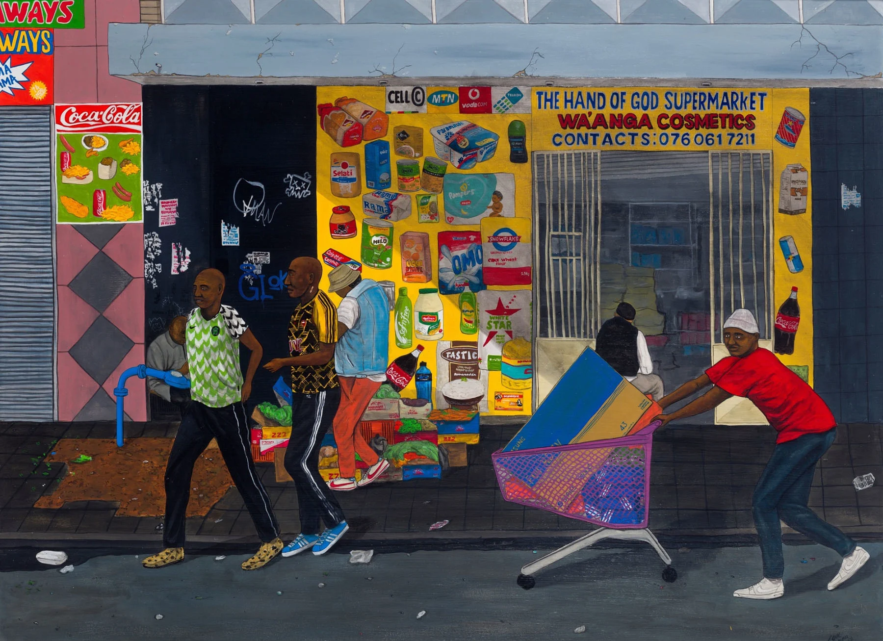 A painting depicting a pavement in Johannesburg. A supermarket can be seen in the background, and in the foreground, men walk along the pavement, one of them pushing a trolley filled with items.