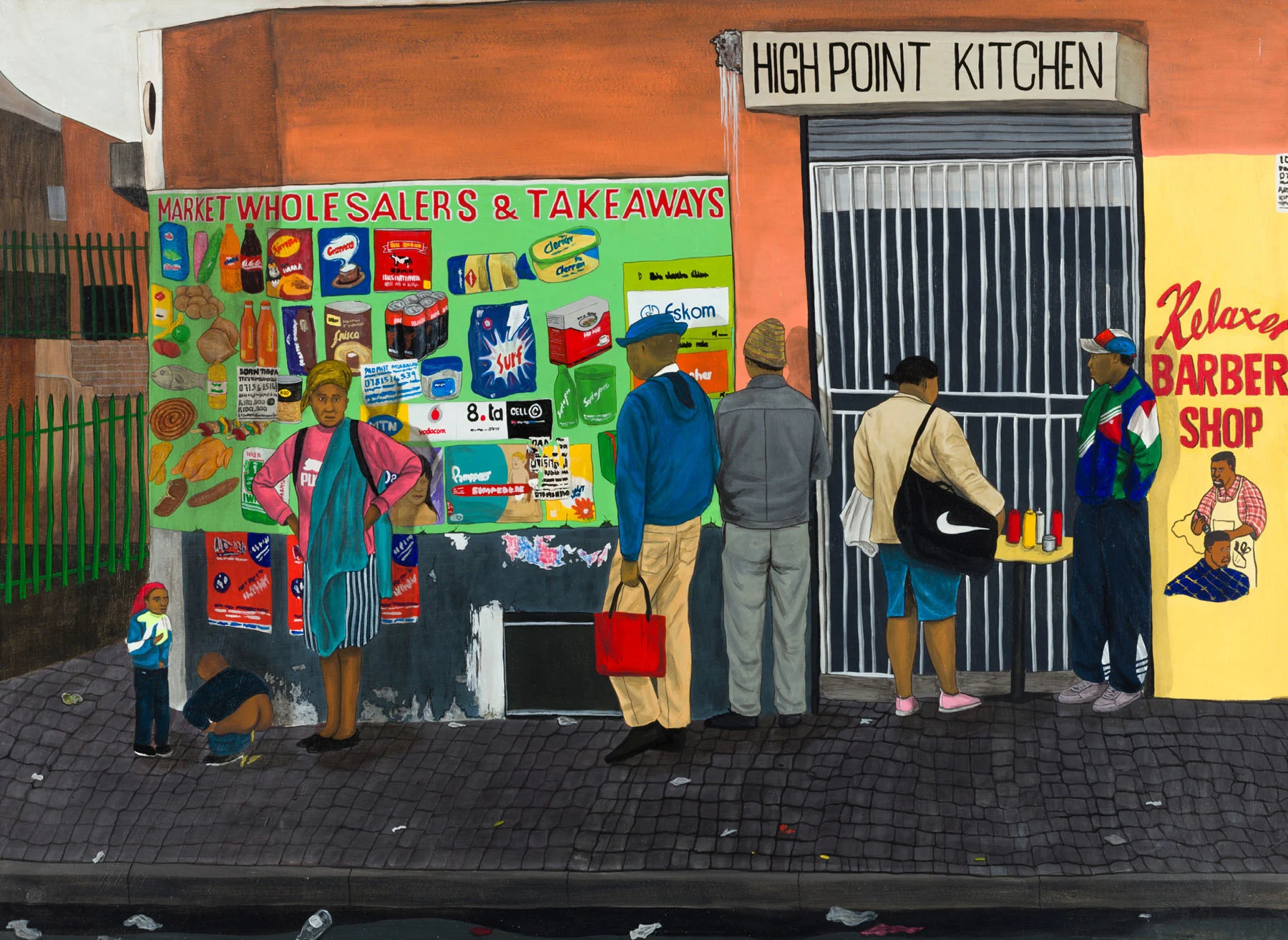 A painting of a street corner, with people hanging out and chatting in front of walls covered in signs that read High Point Kitchen and Relax Barber Shop