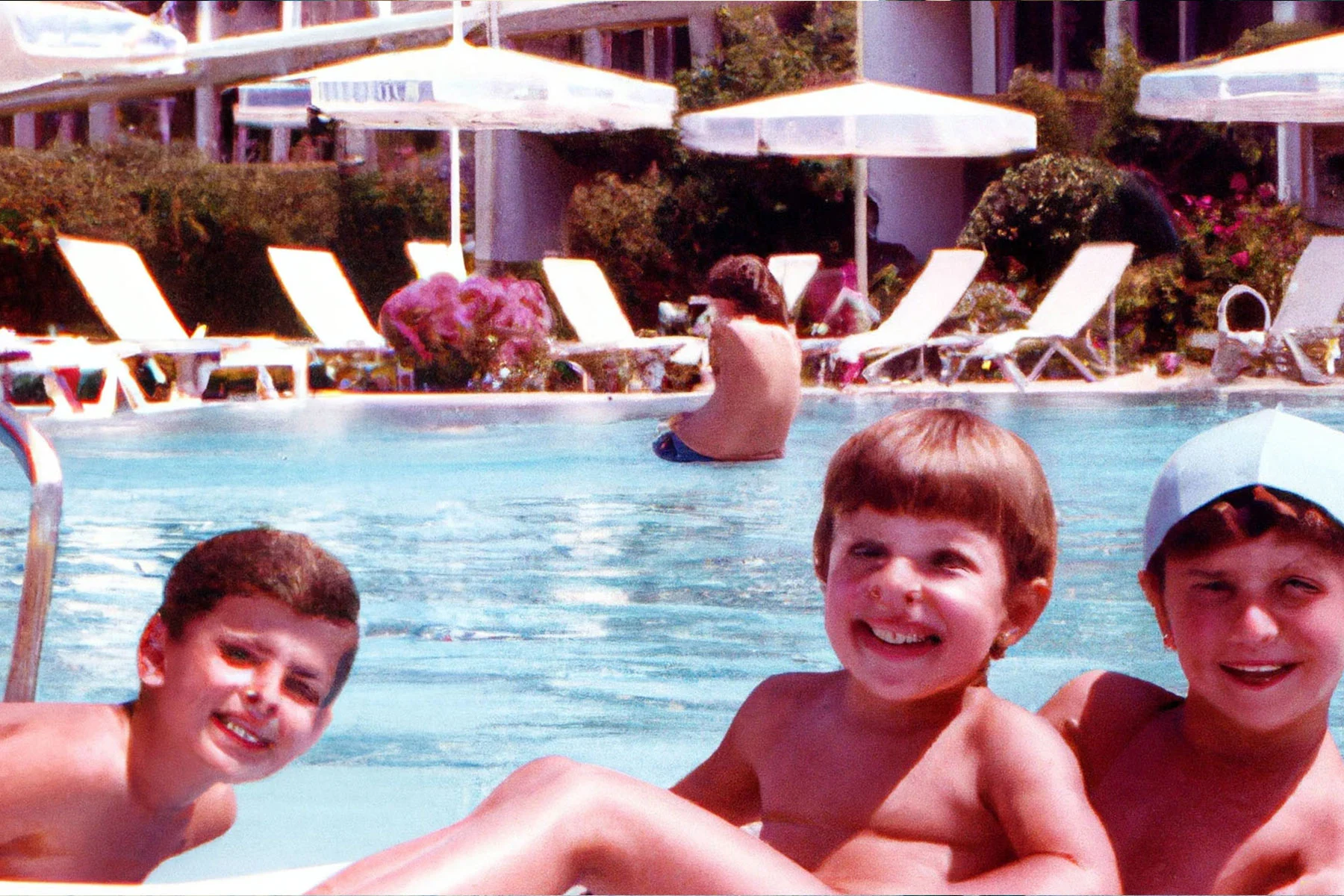An image that looks like a photograph but is created with the use of Artificial Intelligence. The image has a 90s feel, showing a candid scene of three young kids around the age of 7-8 years old looking at the camera smiling, in what appears to be a resort hotel’s swimming pool during summer vacation. 