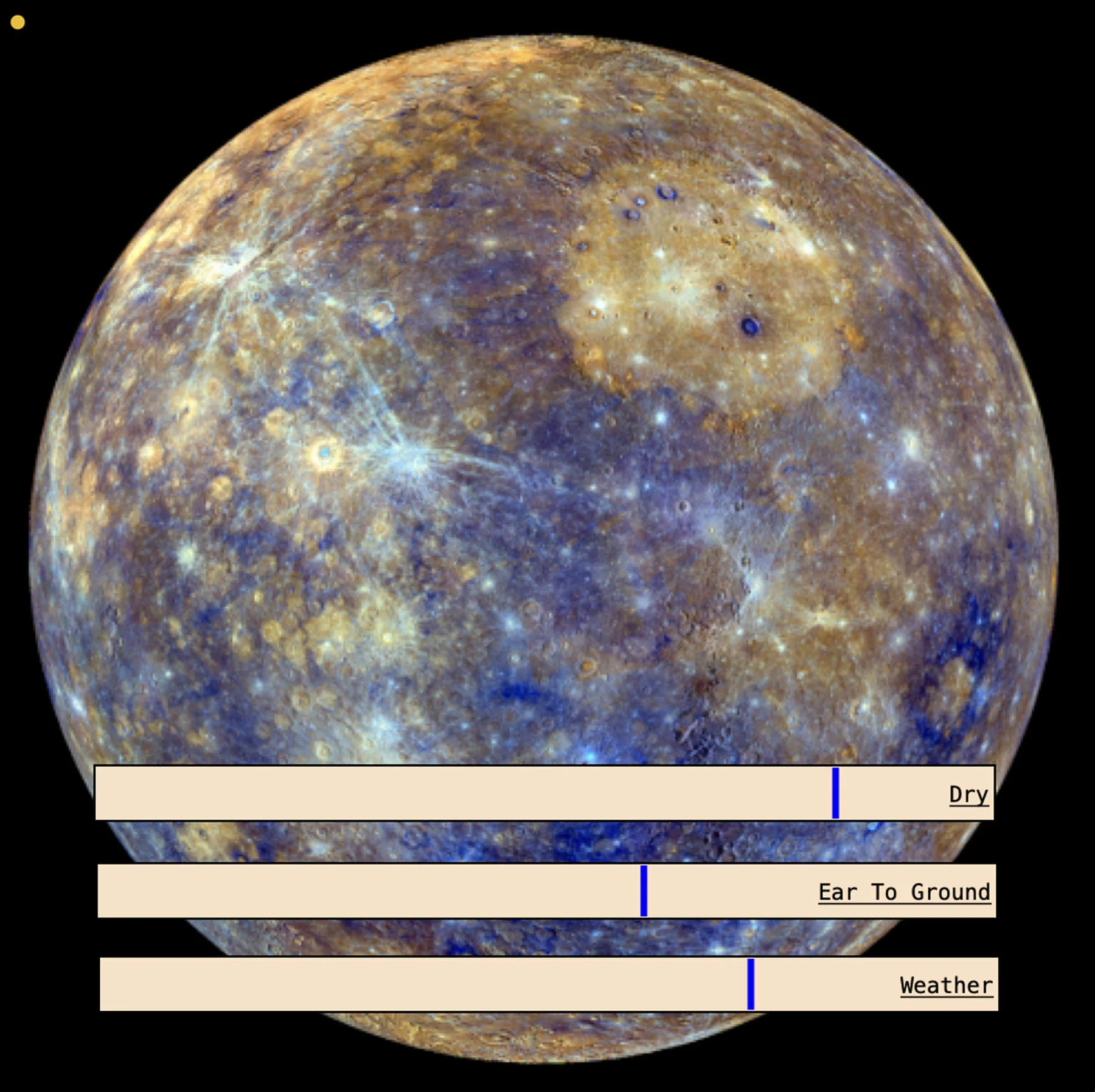 A screenshot of the Mercury VST plug-in. The plug-in is made up of a photo of Mercury. There are three long, beige rectangles overlaid in the bottom third of the photograph, with a phrase in each one: Dry, Ear To Ground, Weather.