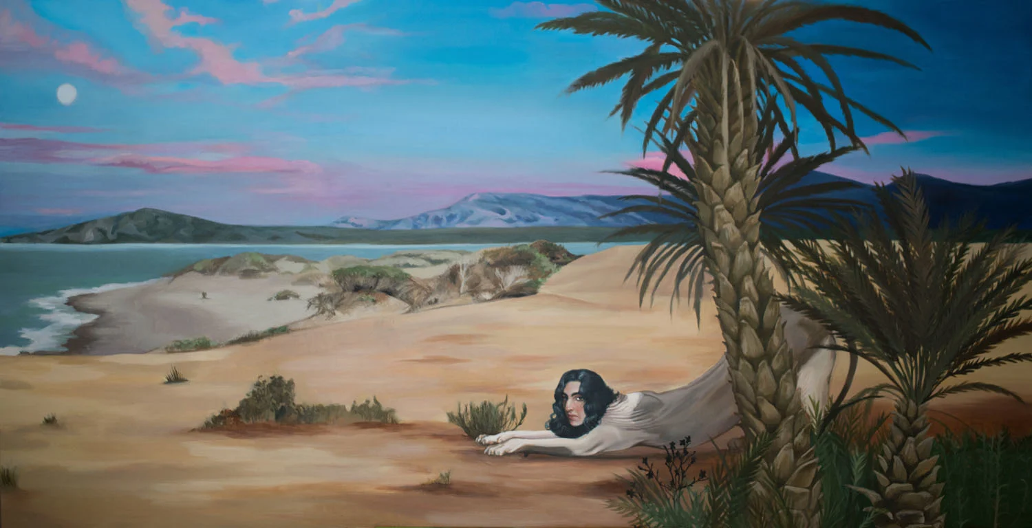 An acrylic painting of a chimera with the body of a sphynx cat and the head of a woman stretching behind two date palms in a desert landscape.
