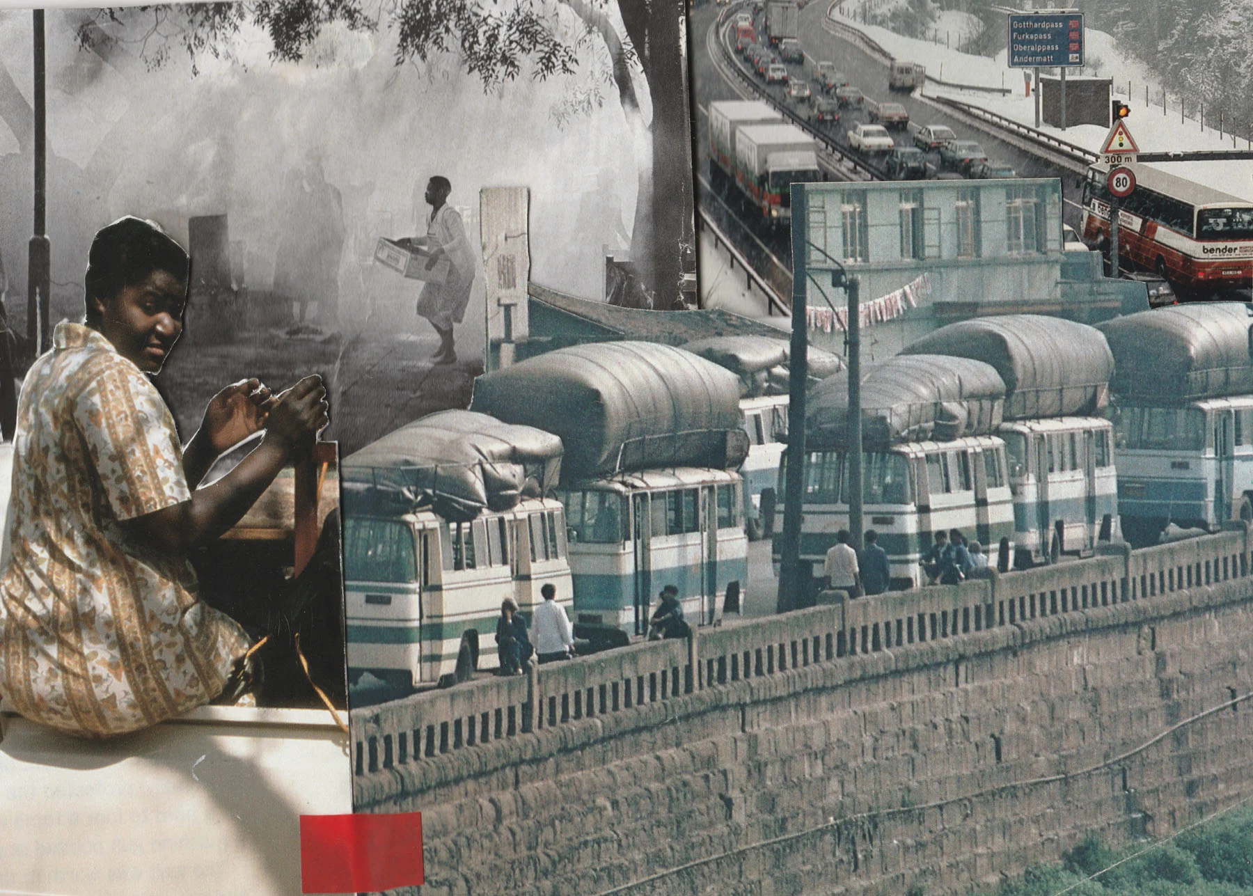 A photo collage featuring cutouts from images of multiple traffic jams, with a woman sitting in the corner of the image and turning back toward the viewer.