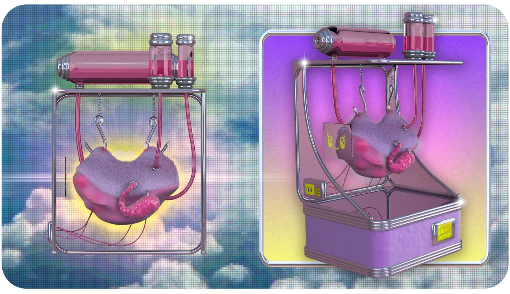 A CGI illustration showing two perspectives of a purple and metallic cage with two sharp meat hooks hanging from its roof. The meat hooks are holding a reddish creature with purple fur in the air. Above the cage, glass containers hold red liquid, with tubes extending from them to the creature. In front of the creature hovers a screen displaying a cute, smiling face.