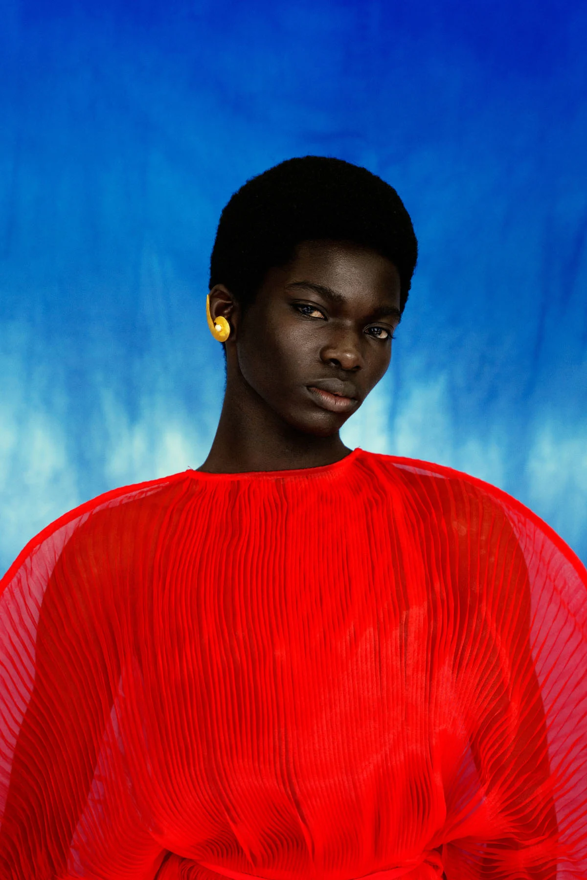 A photographic portrait of a male model wearing a fiery red pleated see-through blouse and gold earring, standing in front of a royal blue-white gradient backdrop and facing the camera.

