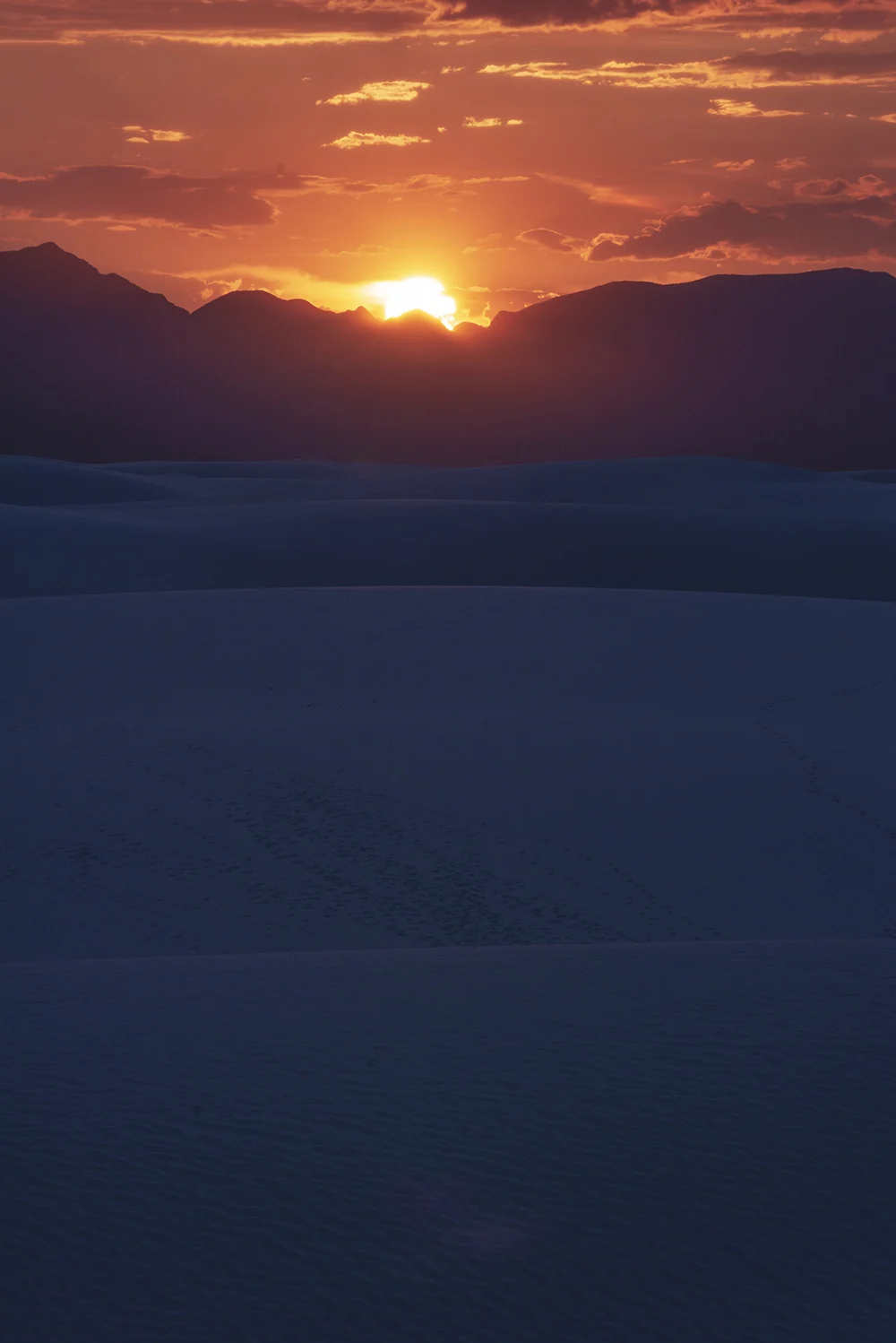 Sunset over White Sands National Park. Henry Herrera remembers of the Trinity test, when “the night turned to day, like heaven came down.”