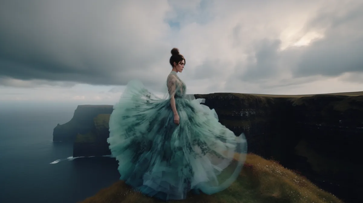 A digitally-rendered image of a woman standing at the top of a cliff, facing away and wearing a flowing green dress, the ocean, cloudy sky and other cliffs in the distance behind her.