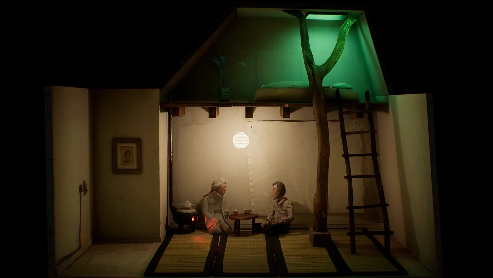 A still from the handmade video game Harold Halibut. The clip shows a man and a woman talking while sitting together on the floor of a dimly lit room.