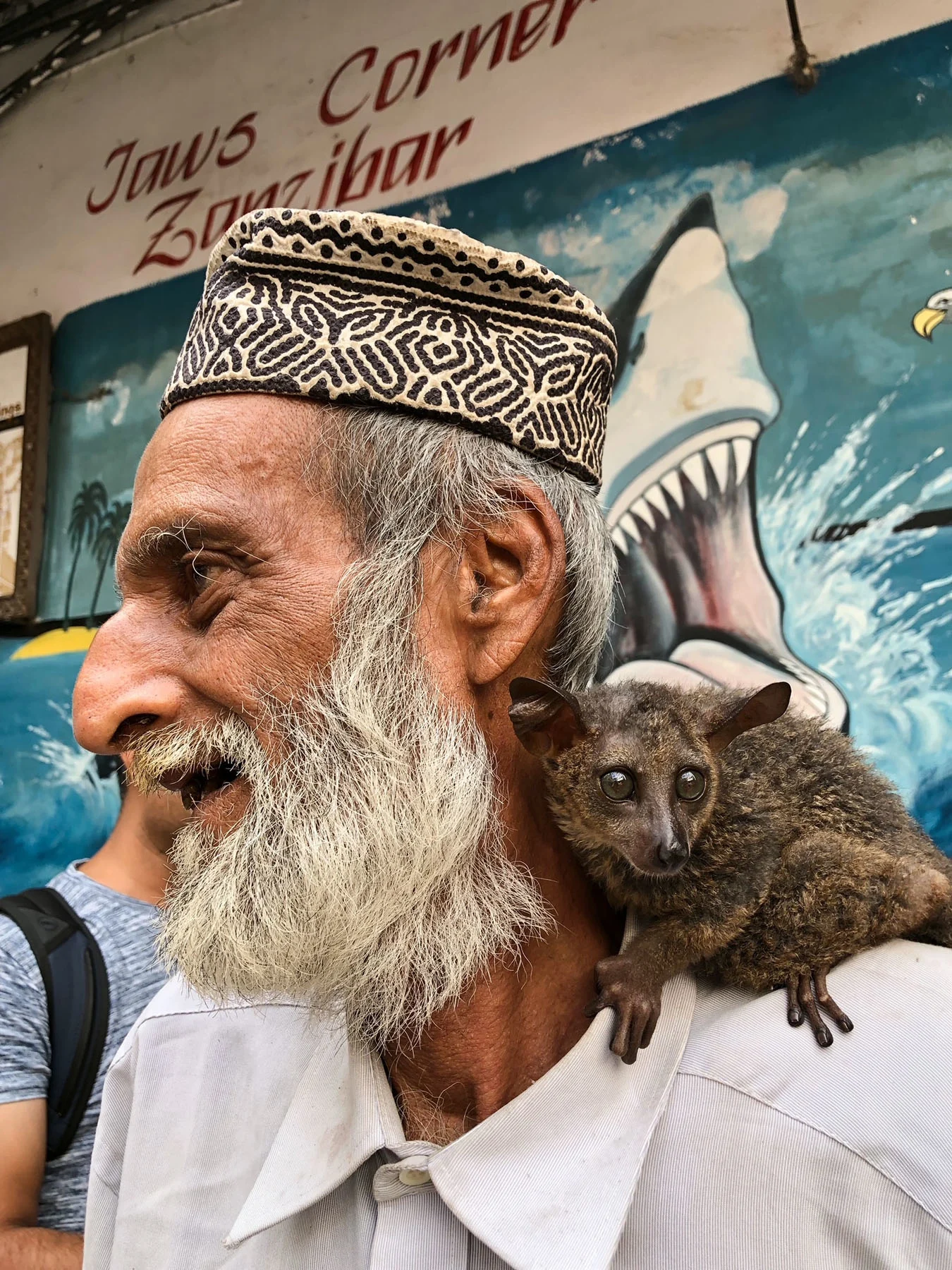 A photograph of a man smiling with his pet possum sat on his shoulder. 