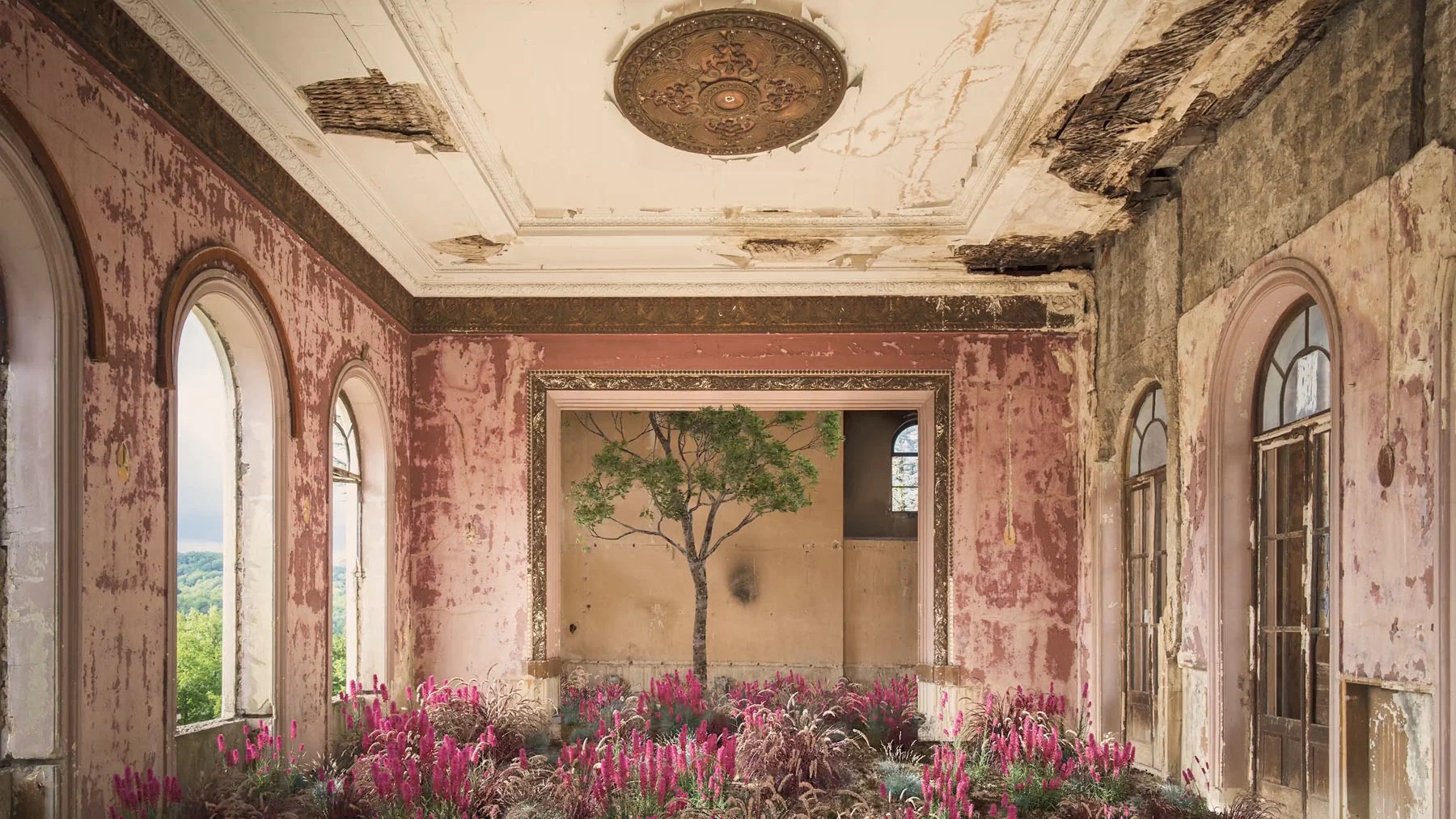 A mixed-media video—created using photography and 3D techniques—a bright red abandoned building interior  located in Georgia, overgrown with red plants and flowers.
