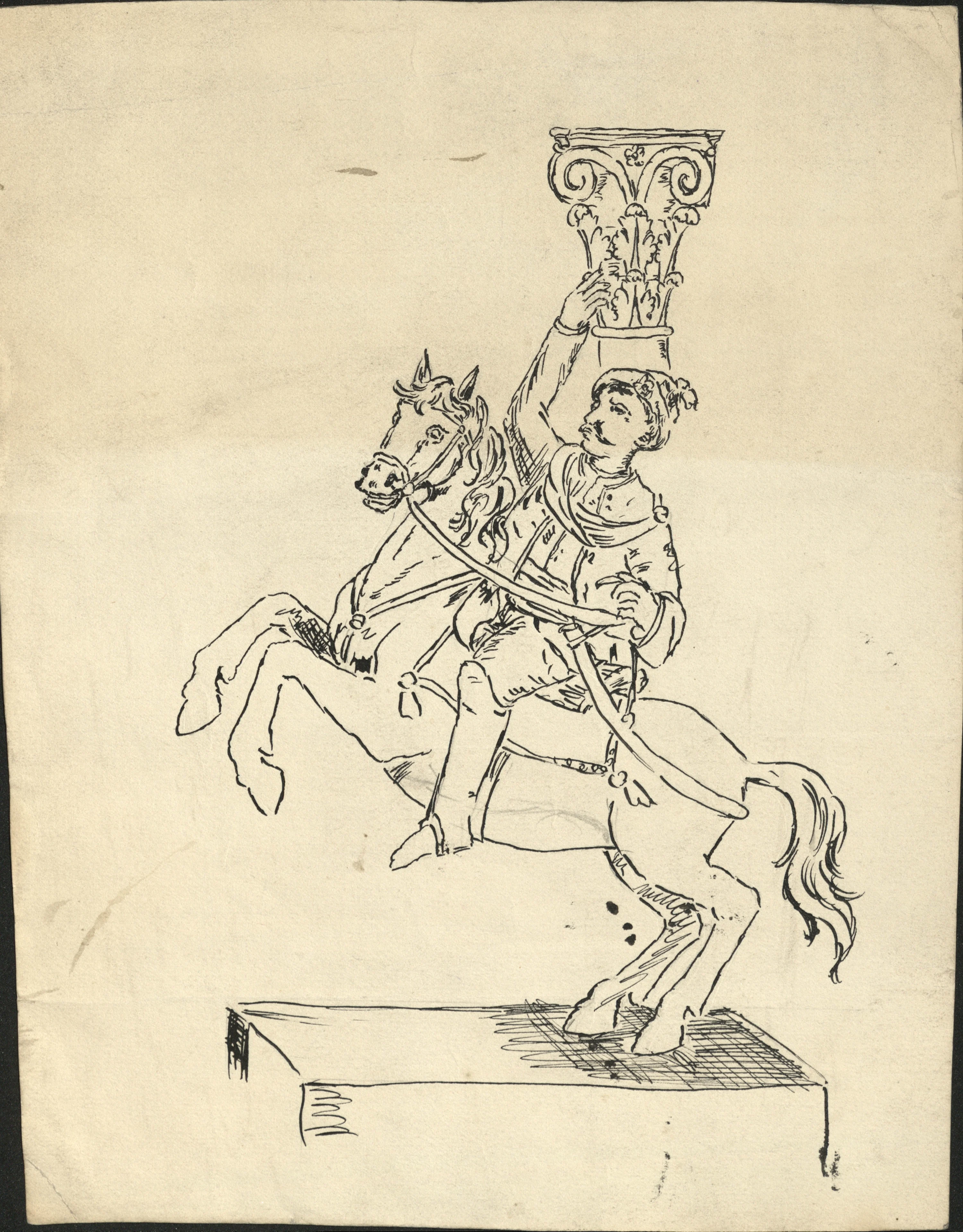 Design for a column in the shape of a man in Middle Eastern military attire on a rearing horse, signed C.J. Spooner Burton on Trent on reverse. Pen and ink on paper.²