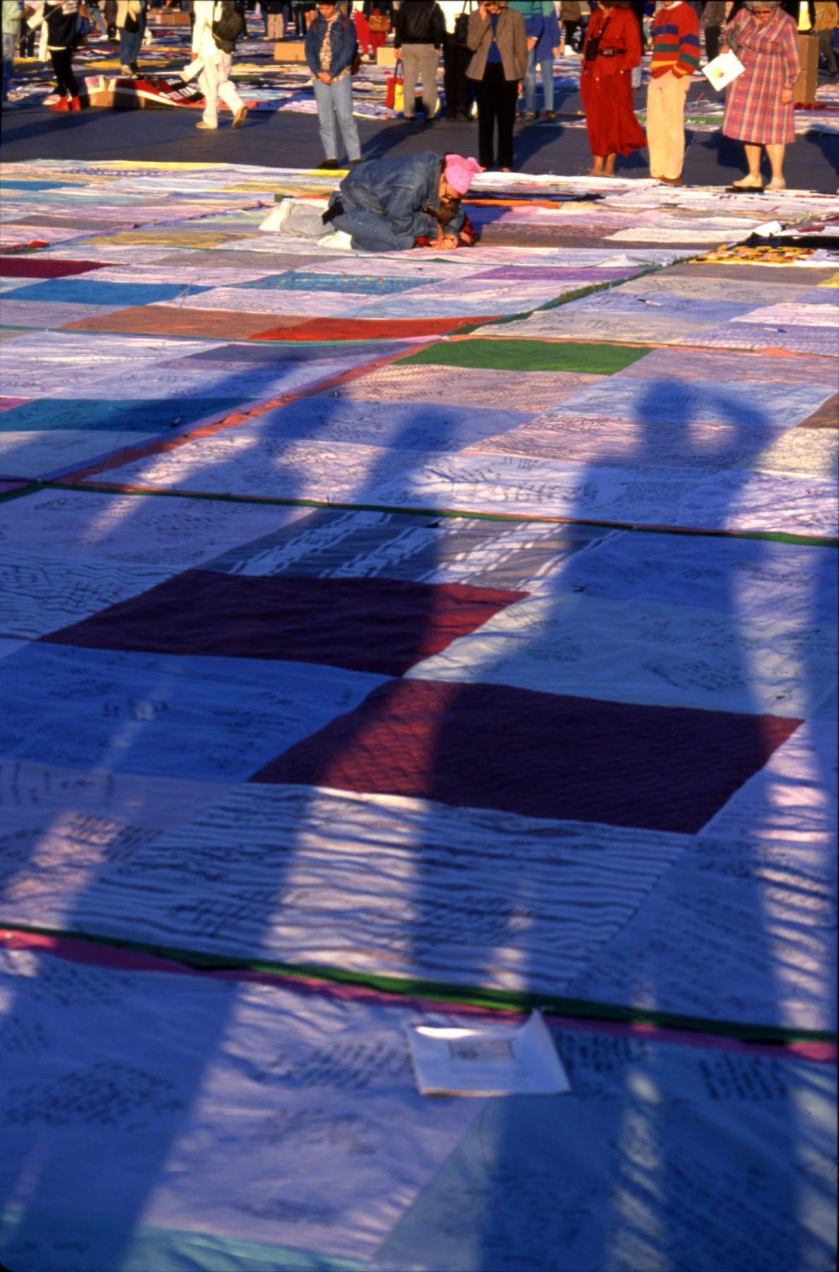 A color photograph of quilts laid out on the grass in Washington, D.C. Behind the quilts stand groups of people, visible from the waist down. Blue shadows of people standing behind the camera are cast across the quilts.