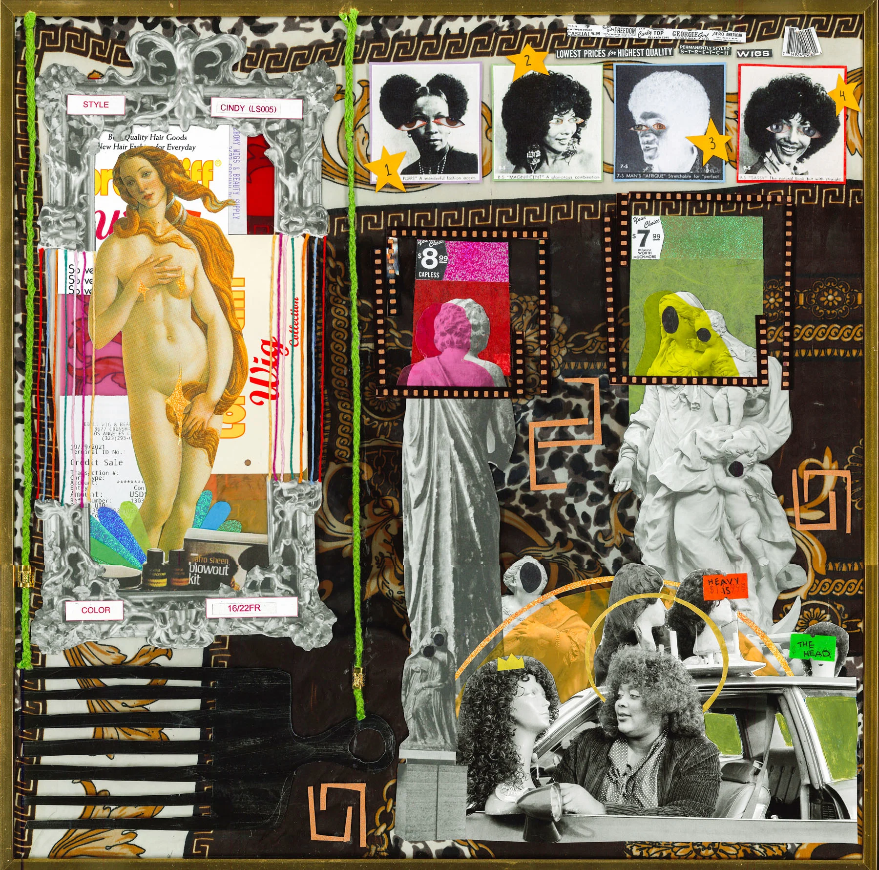 A collage glued onto a glass-framed silk scarf. The collage includes receipts from various hair stores, vintage wig ads featuring both women and men, an afro comb, a cut-out of the famous Birth of Venus painting by Sandro Boticelli, and various geometric shapes.