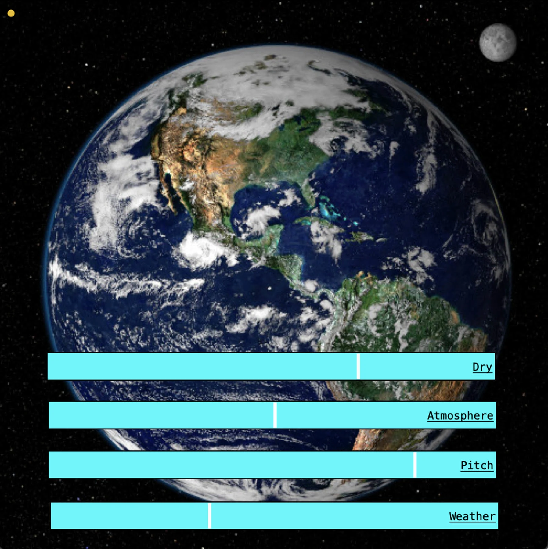 A screenshot of the Earth VST plug-in. The plug-in is made up of a photo of Earth. There are four long, light blue rectangles overlaid in the centre of the photograph, with a word in each one: Dry, Atmosphere, Pitch, Weather.