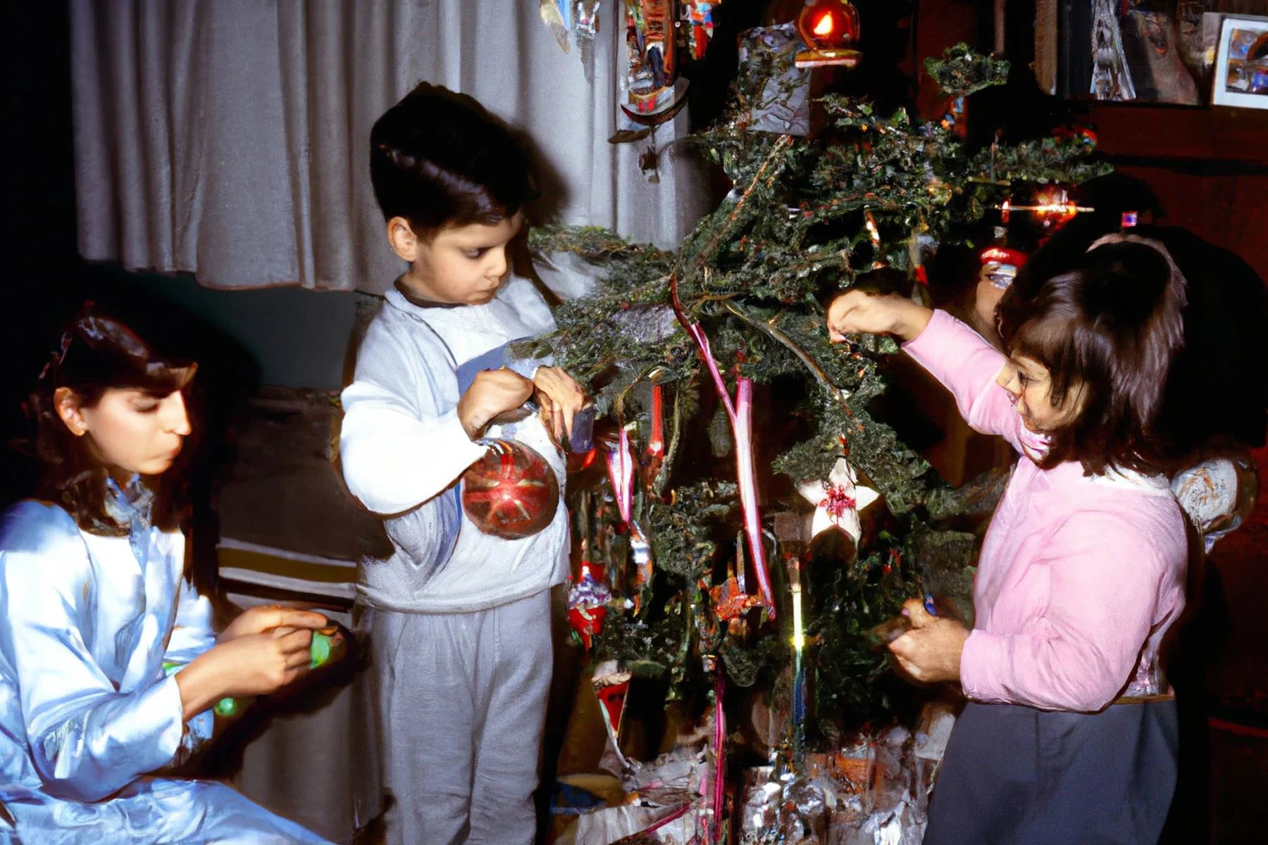 An image that looks like a photograph but is created with the use of Artificial Intelligence. The image has a 90s feel, showing a candid scene of a girl and a boy decorating a Christmas tree in a house. Their mother is sitting next to them and helping them.