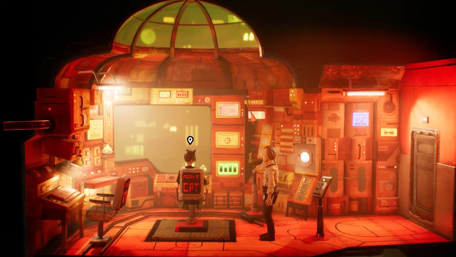 A still from the handmade video game Harold Halibut. It shows two people sitting in the cockpit of a spaceship, with many control panels and buttons around them and a bright red light filling the room.