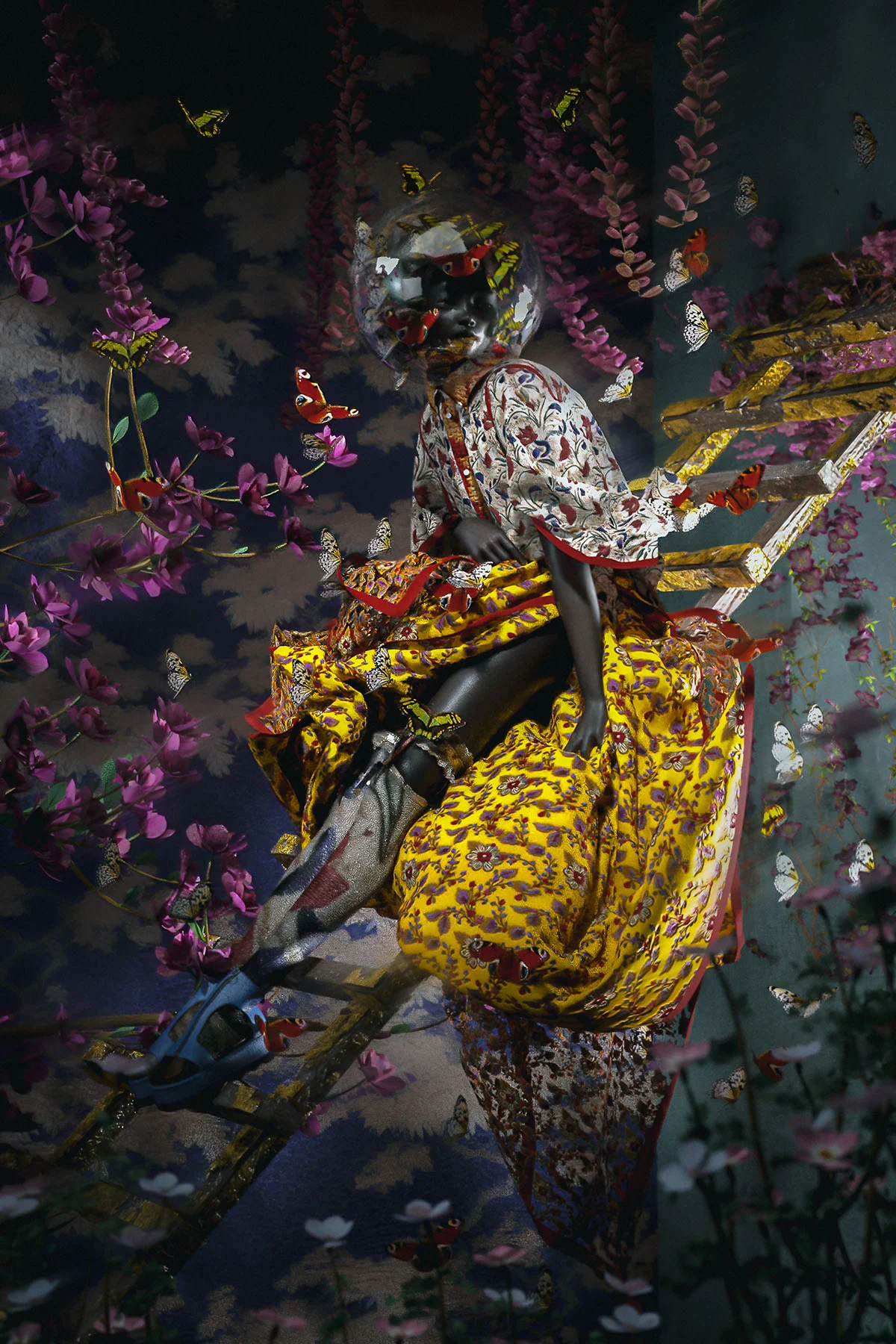 A digitally-rendered image of a figure wearing a colorfully-patterned outfit, climbing down a ladder surrounded by flowers.