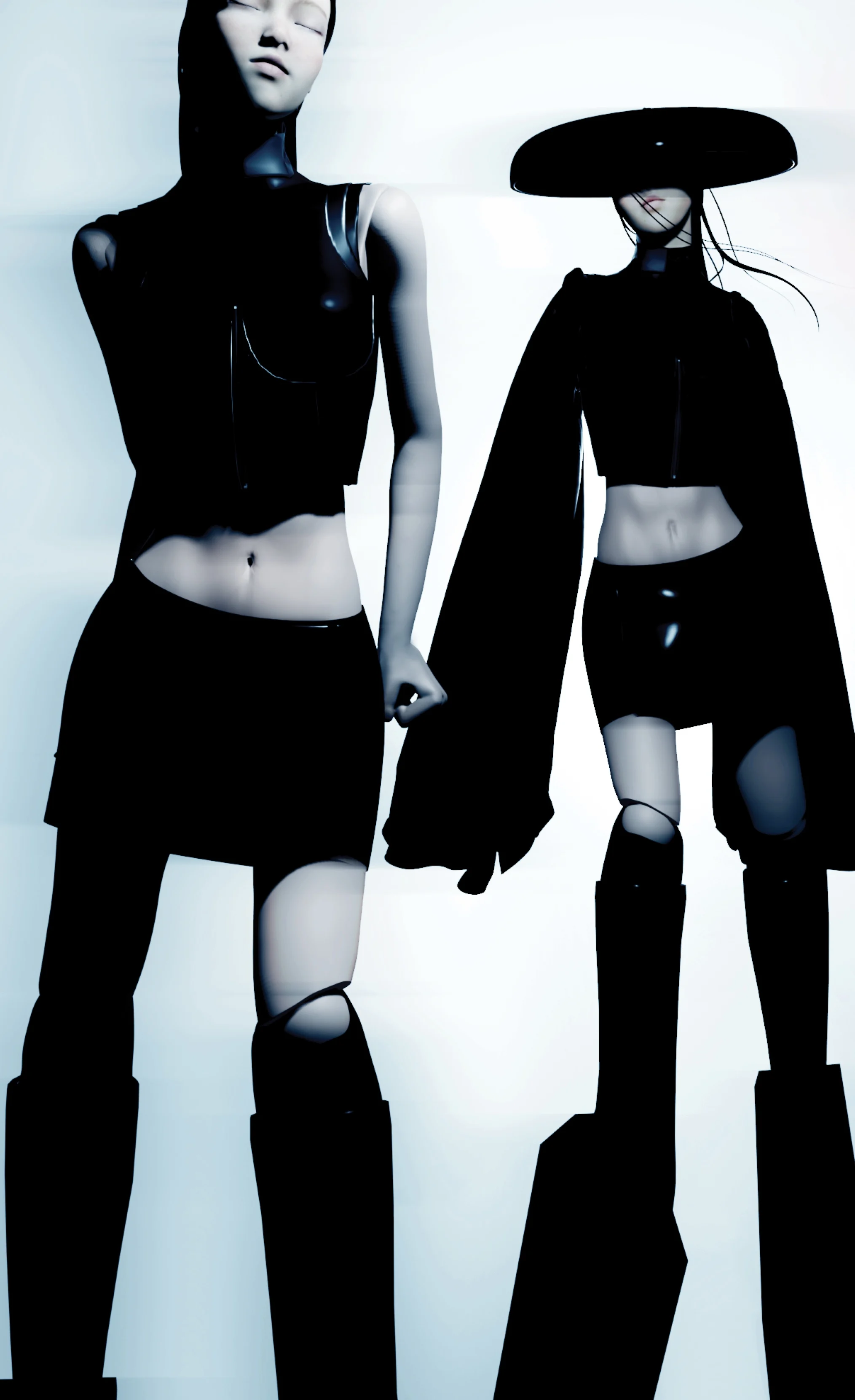 A digitally-rendered image of two women posing in all-black outfits, one of them with their eyes closed and the other with their face covered by a large hat.