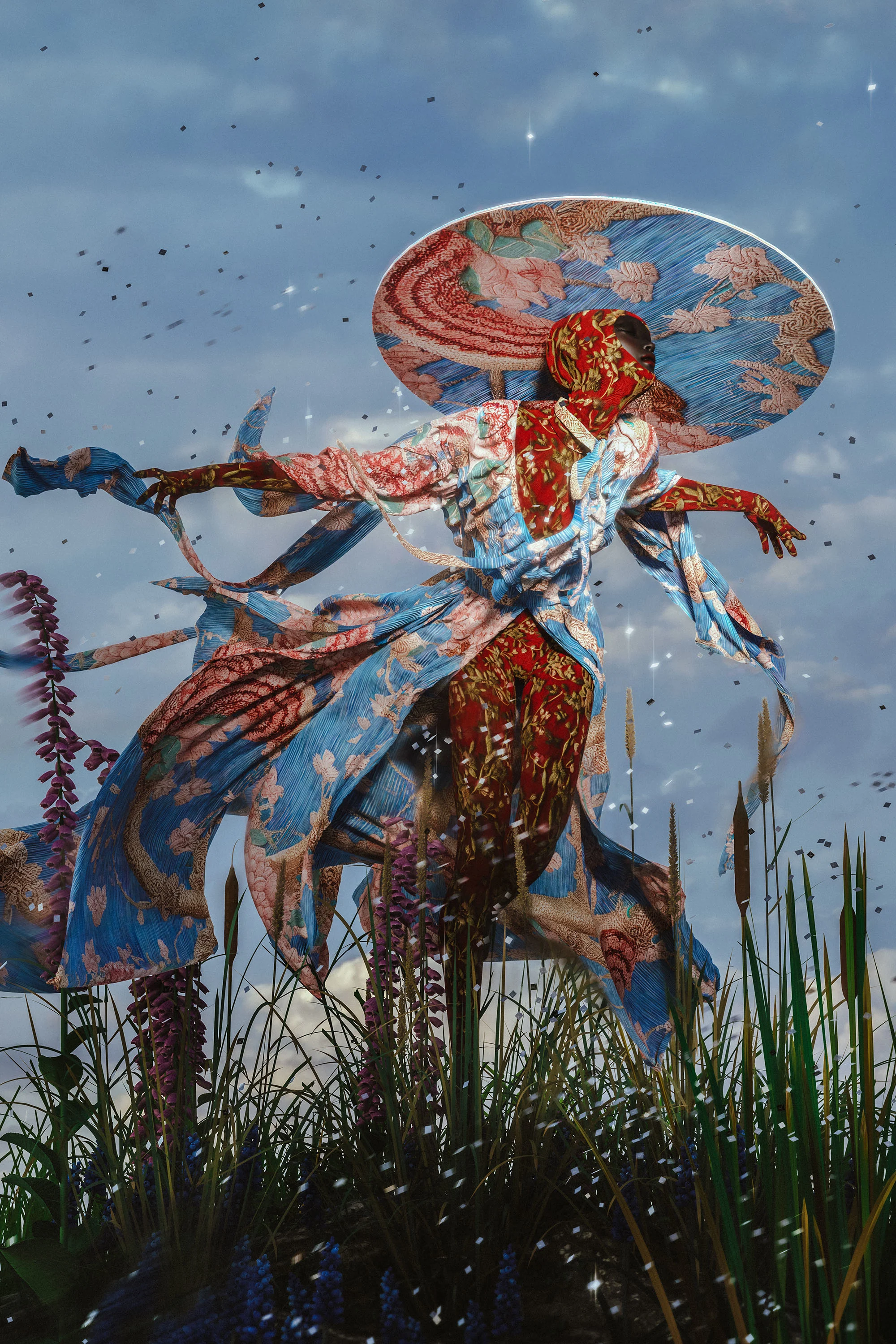 A digitally-rendered image of a figure wearing a flowing, colorful outfit, floating above a sea of plants and flowers, with blue skies behind them 