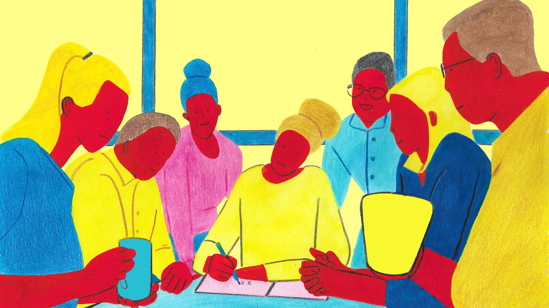 An illustration of a group of colleagues working together from an office.