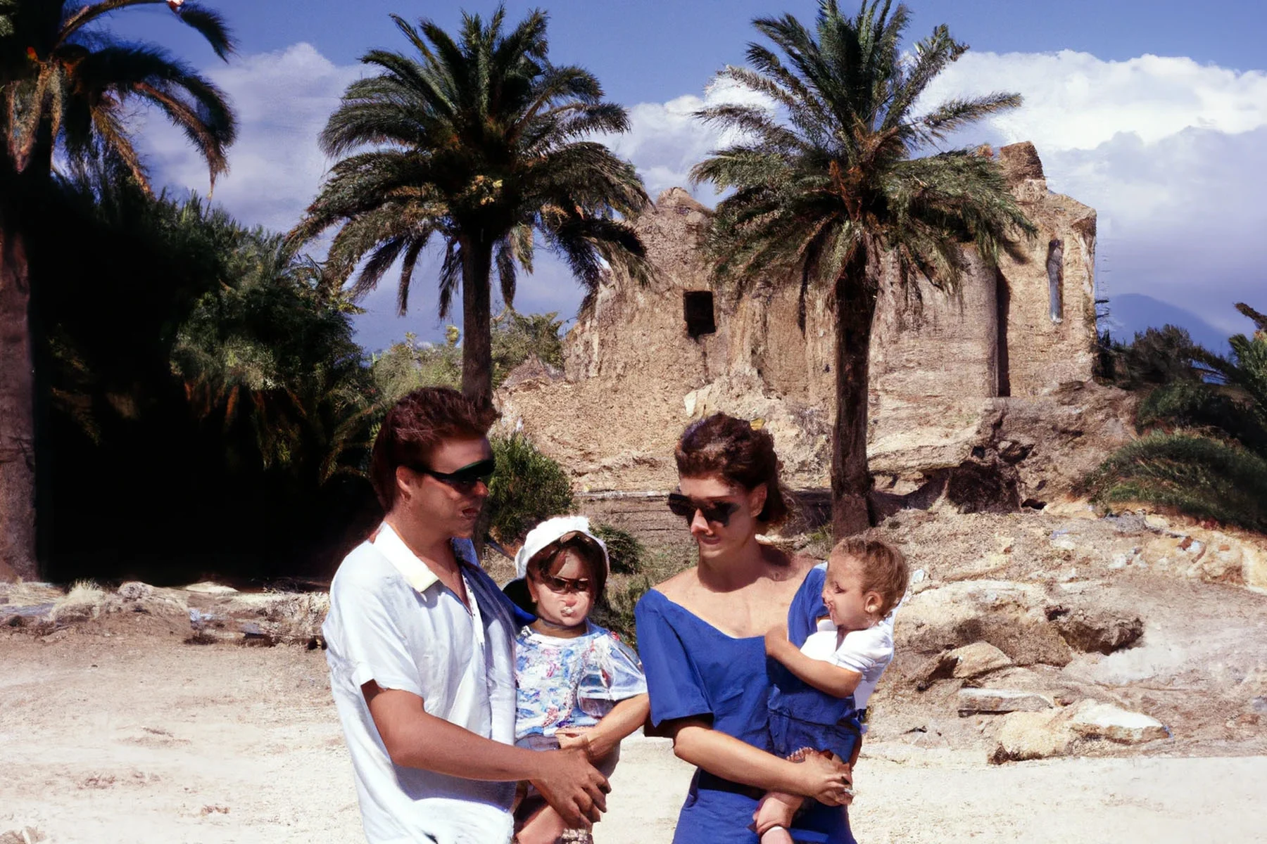 An image that looks like a photograph but is created with the use of Artificial Intelligence. The image has a 90s feel, showing a father holding his young daughter in his arms and a mother holding her son. They are wearing summer clothes and sunglasses, standing in front of some ruins and palm trees on a sunny summer’s day.