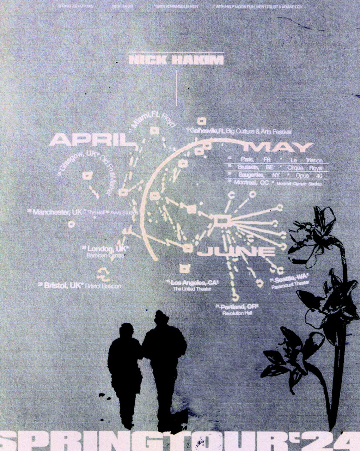 A collage poster for a music tour. Featuring a map-like structure with lines connecting different cities, placed above a silhouette graphic of 2 people walking while embracing each other. The background has a textured, fabric-like appearance, and there's also an illustration of flowers along the right side.