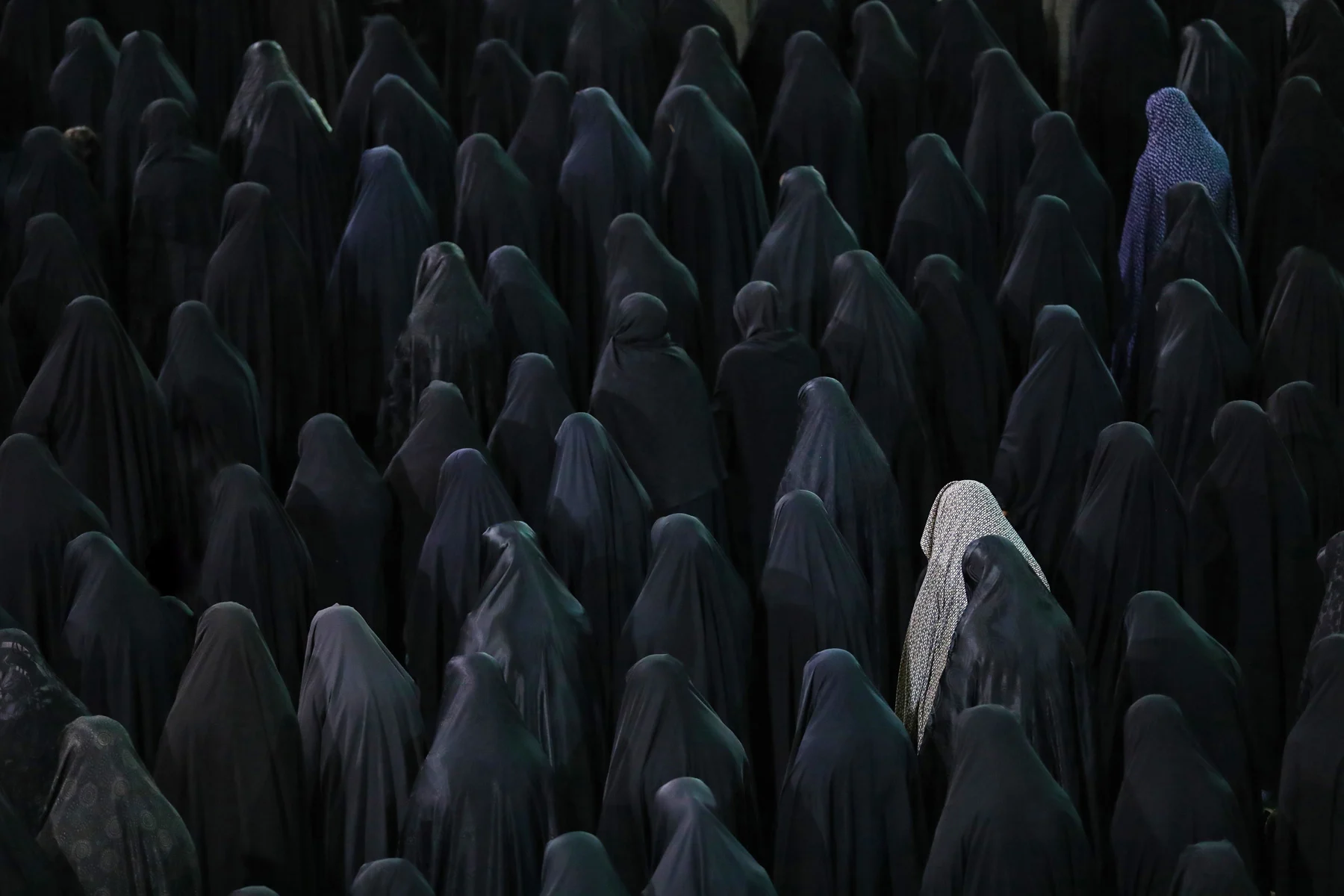 A picture of a group of women performing the collective prayer, dressed to worship Islam, standing in solidarity.