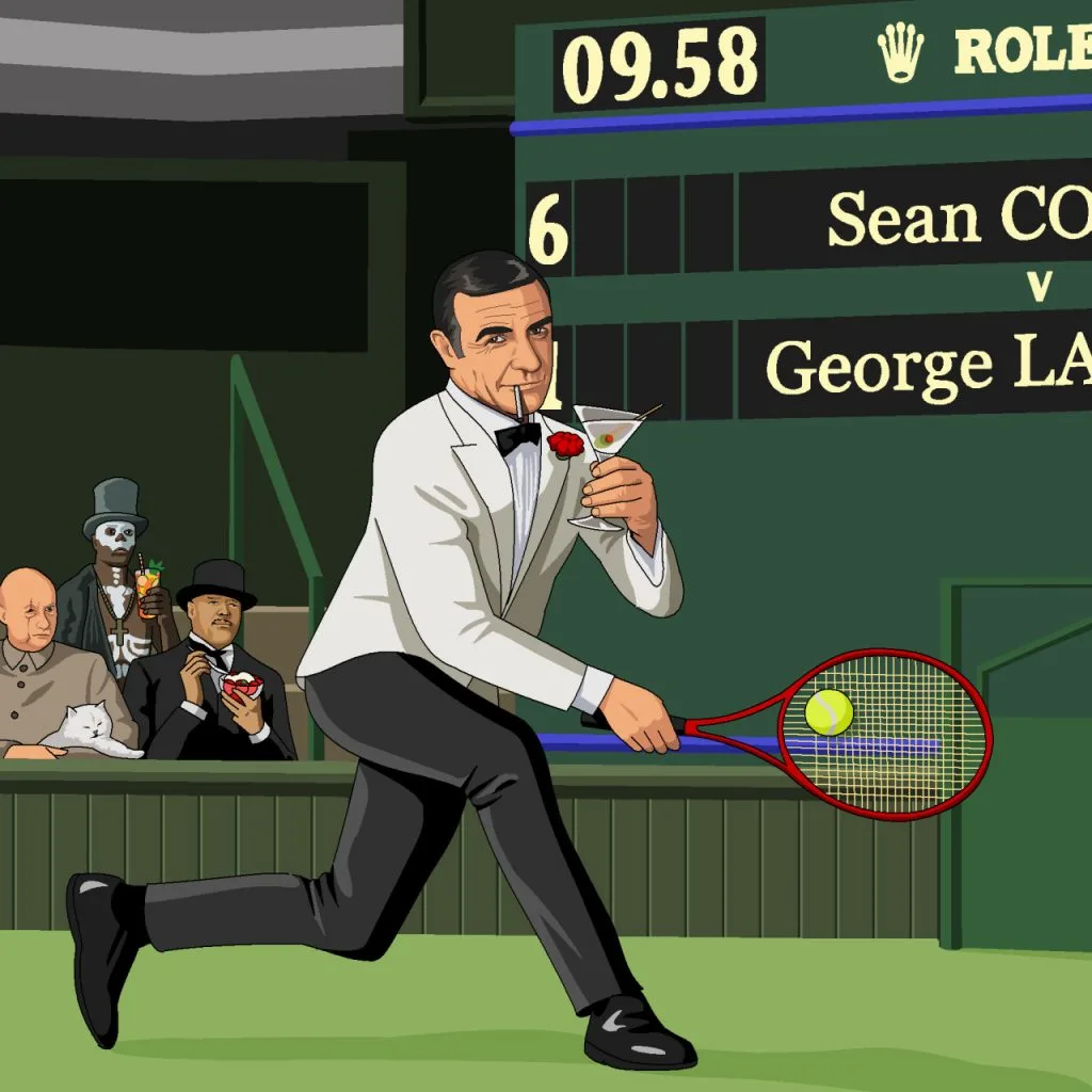 How about a painting of Sean Connery playing tennis at ten-ish at Wimbledon while dressed as James Bond? By: Jim’ll Paint it