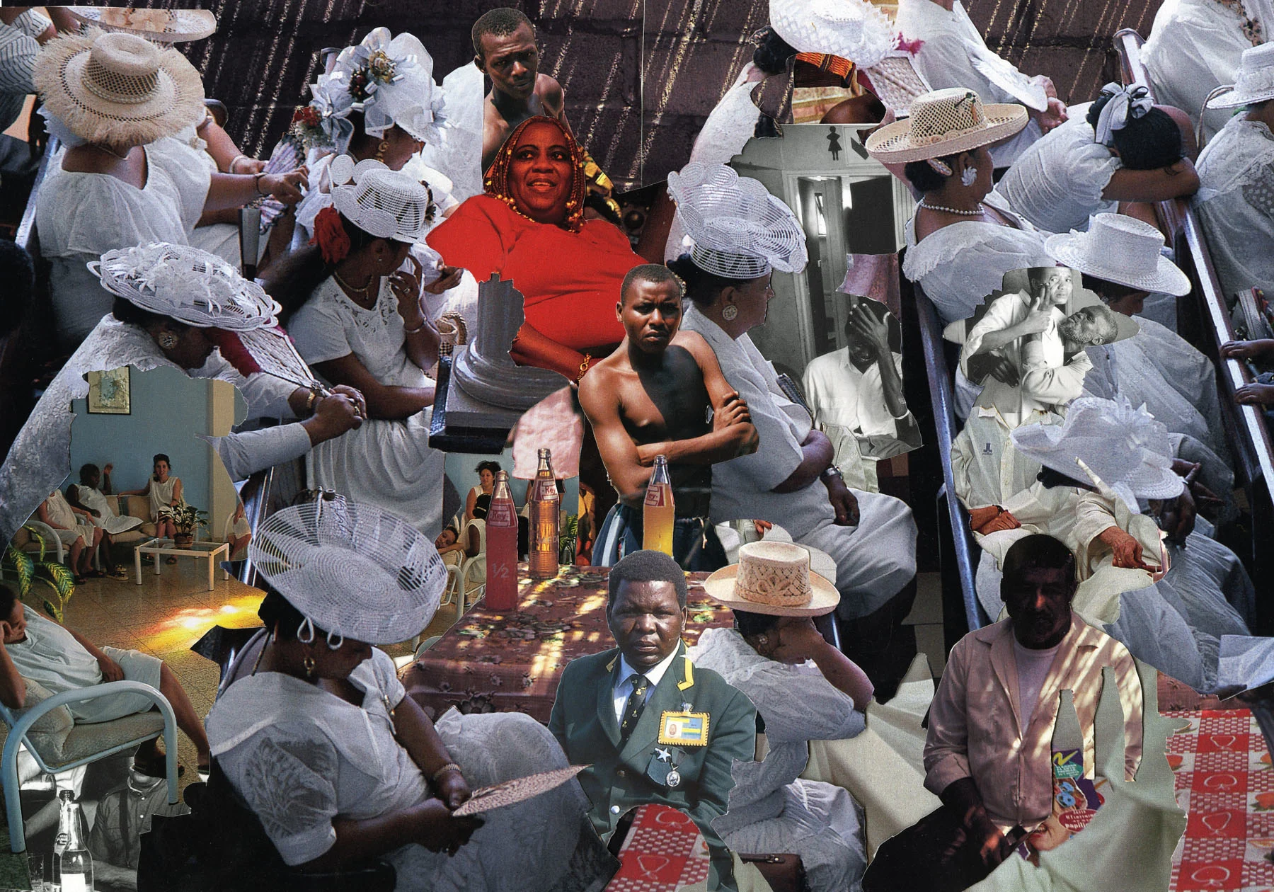 A photo collage of a wedding party, with people cut from several different images sitting around in different positions.
