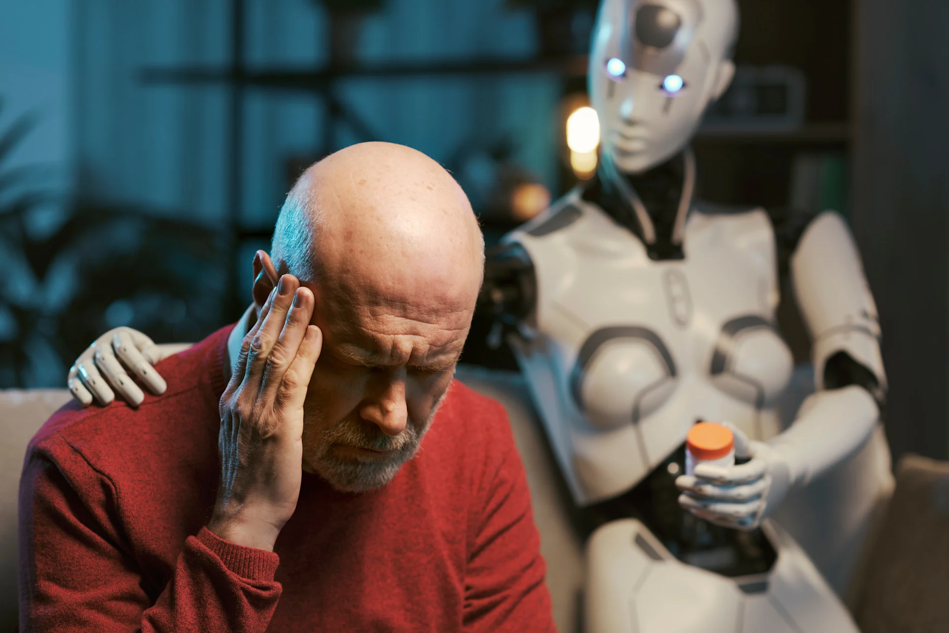 AI therapy limitations shown as humanoid robot fails to recognize man in mental health crisis holding his head in distress giving medication instead.