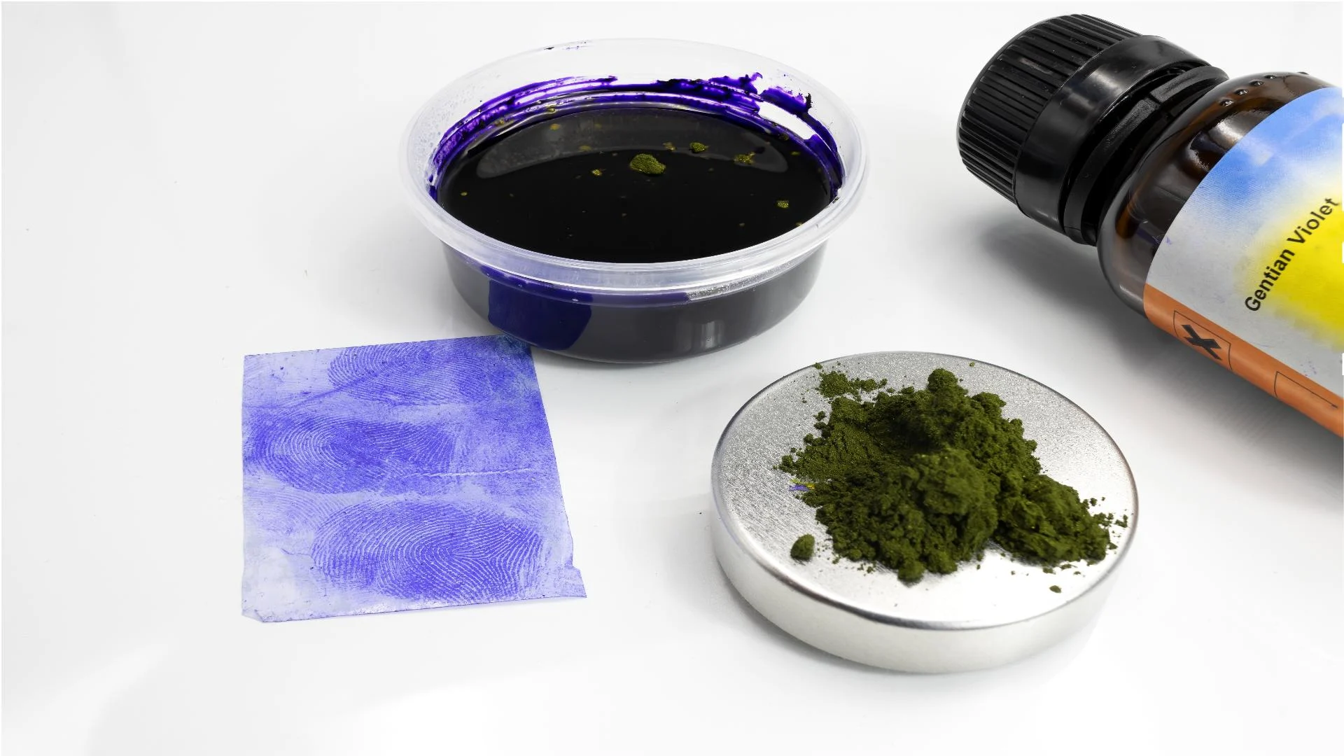 THC-O potency testing materials including gentian violet dye, fingerprint analysis, and green powder.