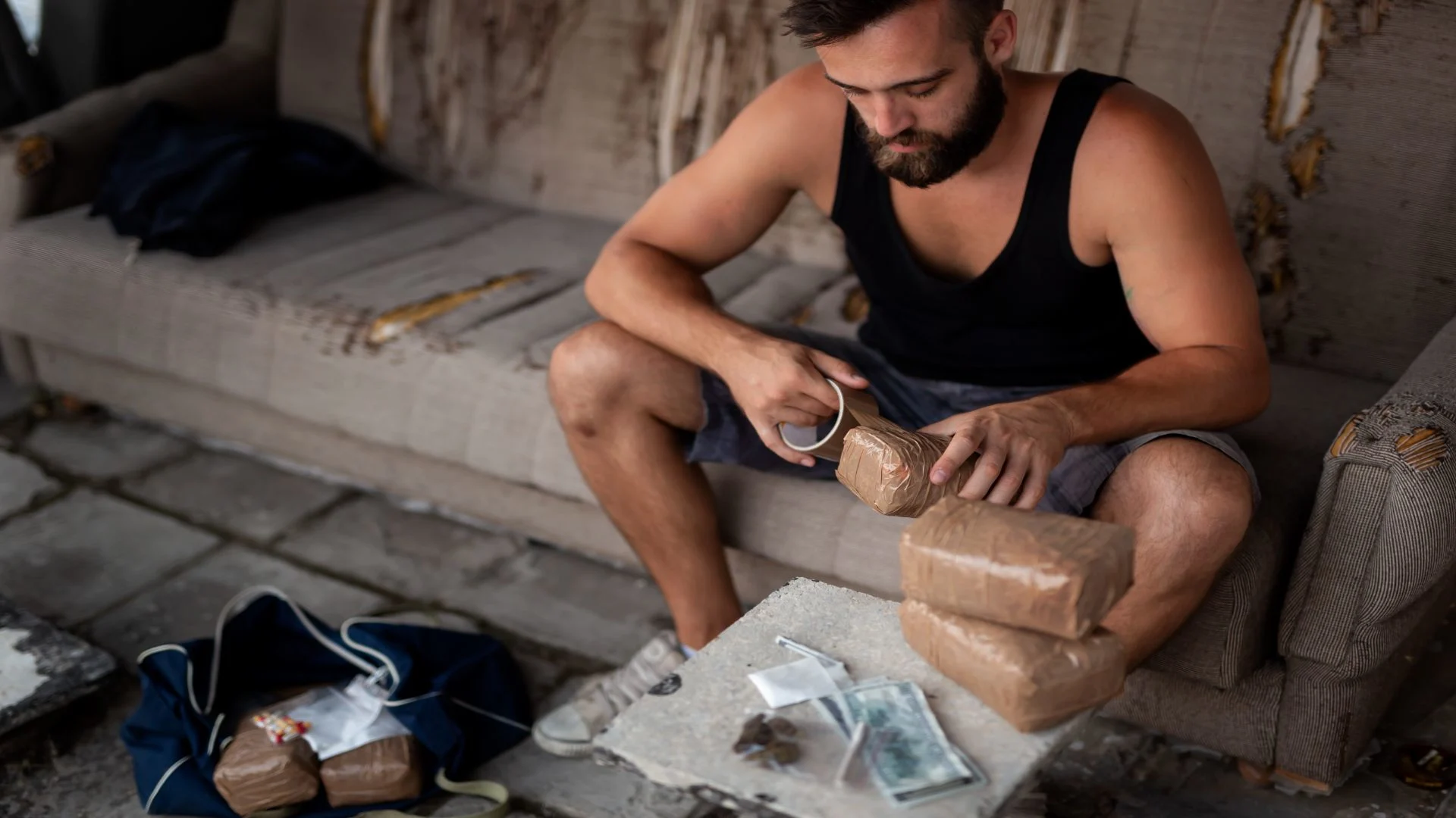 Drug trafficker packing hash bricks with weed and money on the table