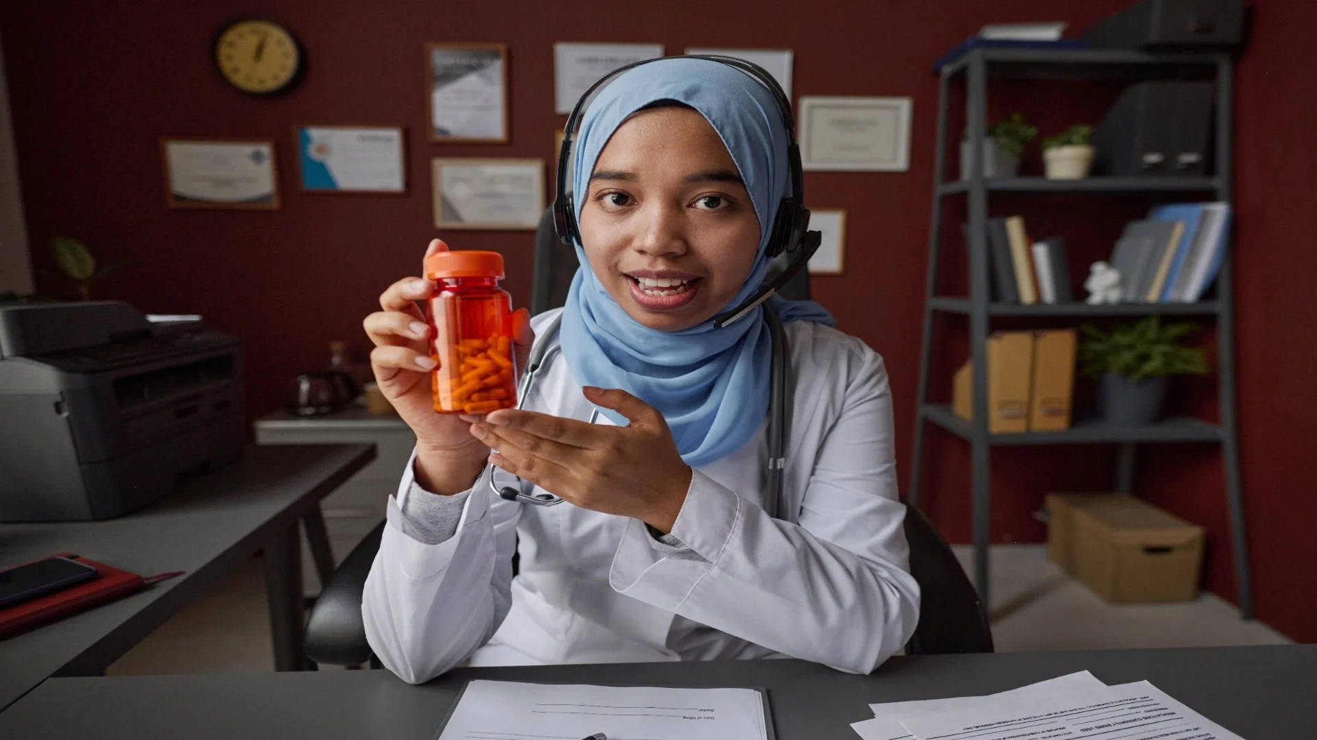 female-doctor-in-hijab-demonstrating-bottle-of-pil-2025-02-11-18-52-58-utc
