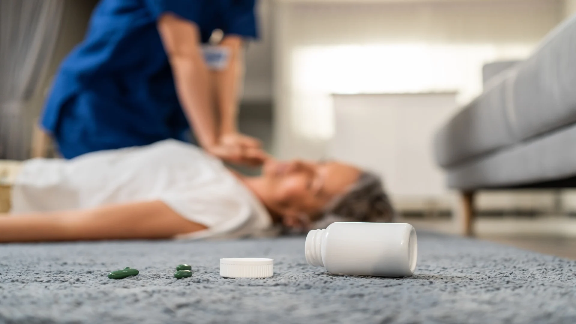 asian caregiver saving senior woman's life from a barbiturate overdose by performing cpr