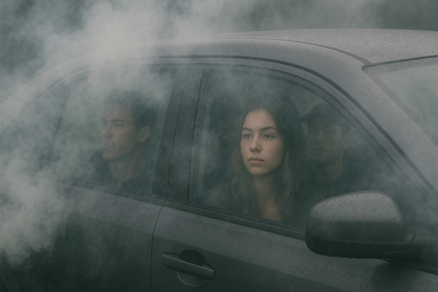 Three young adults hotboxing in a gray sedan, car windows fogged and thick smoke billowing outside, with all passengers faintly visible through the haze.
