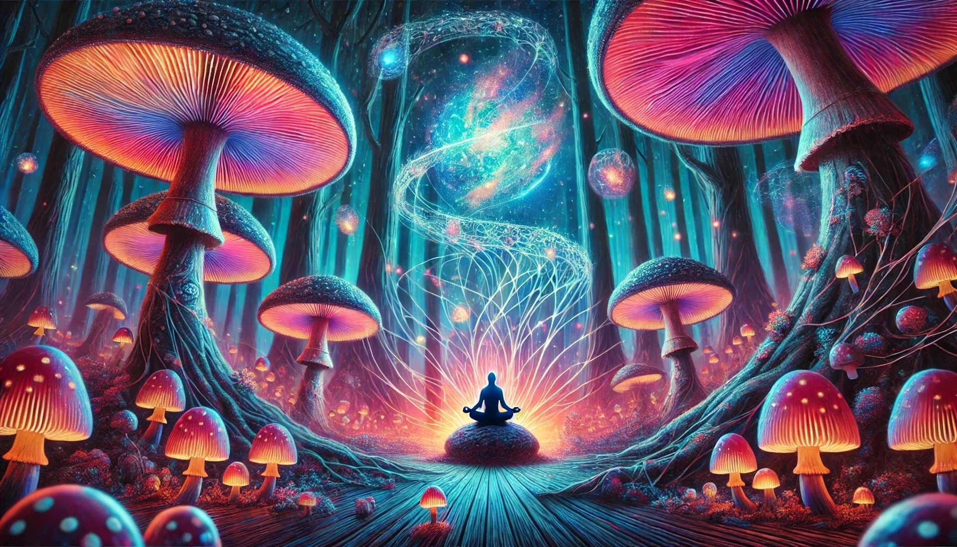 How long do shrooms last? A surreal and vibrant artistic interpretation of a psychedelic journey featuring a mystical forest with glowing, oversized mushrooms