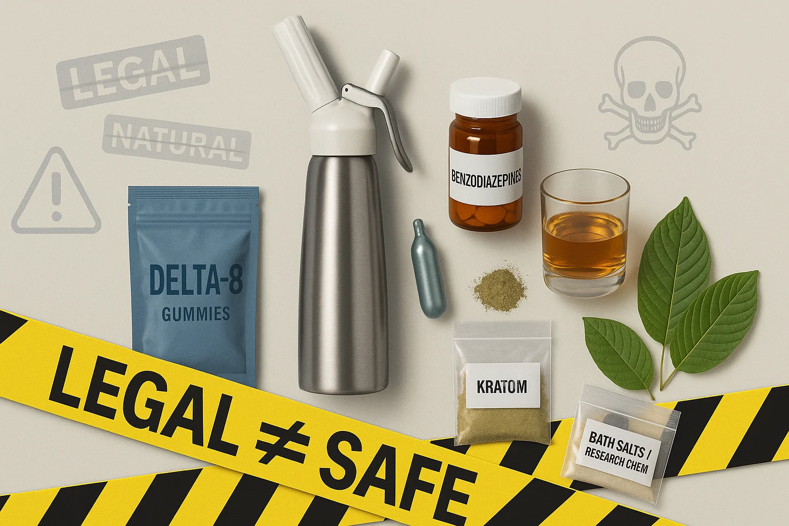 Visual warning about trends people think are safe. Caution tape reading “Legal ≠ Safe” covers Delta-8 gummies, a whippet charger, benzos with alcohol, kratom powder, and bath salts on a neutral background