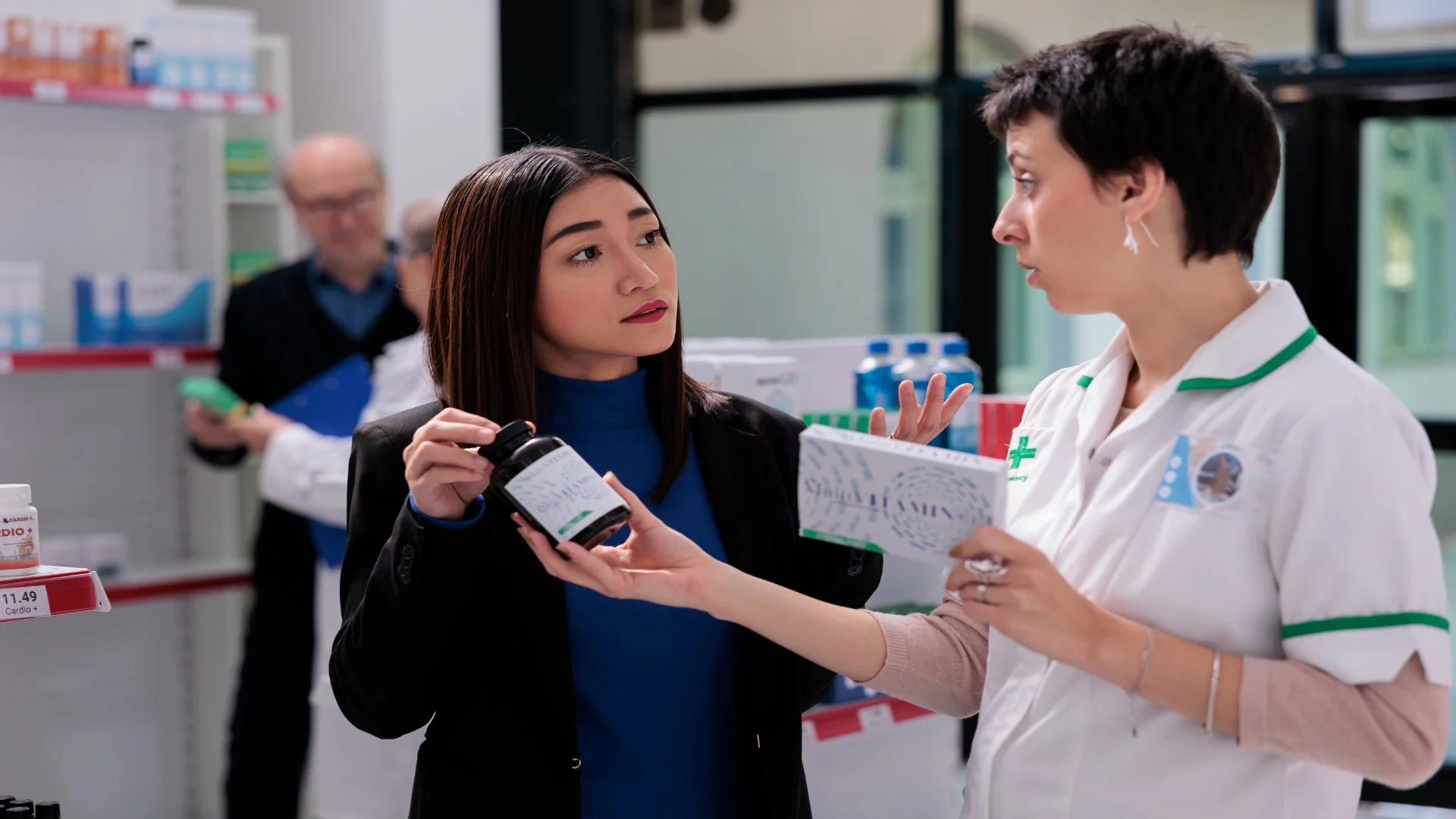 chemist talking with drugstore about clonidine and how it can help with anxiety and addiction