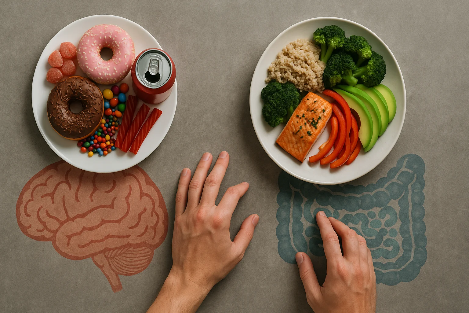 Overhead photo of two plates showing the gut–brain connection in addiction recovery, with sugary processed food and a brain graphic on the left, and salmon, quinoa, vegetables, and an intestine graphic on the right as a healthy healing choice.