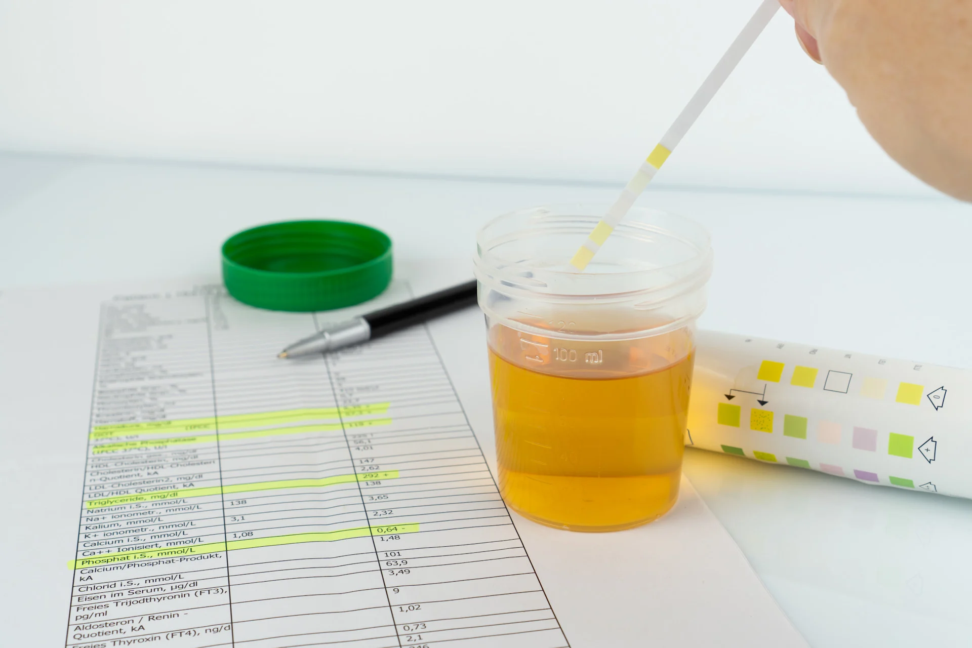 Urine sample with test strip and lab report on a table, illustrating drug screening for marijuana and the question of how long THC stays in urine.