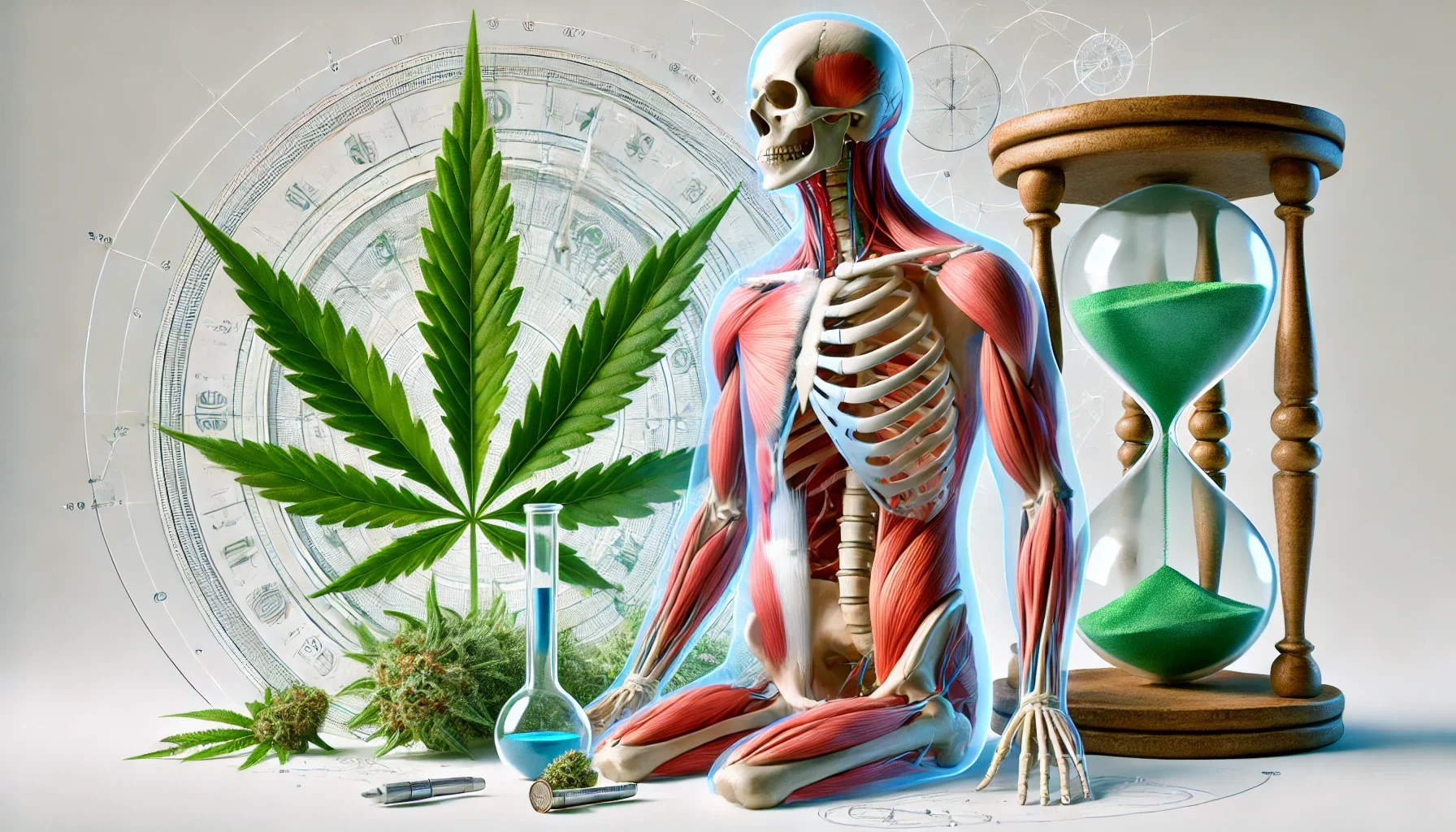 How long does weed stay in your system after quitting. musculoskeletal figure with cannabis plant and hourglass.