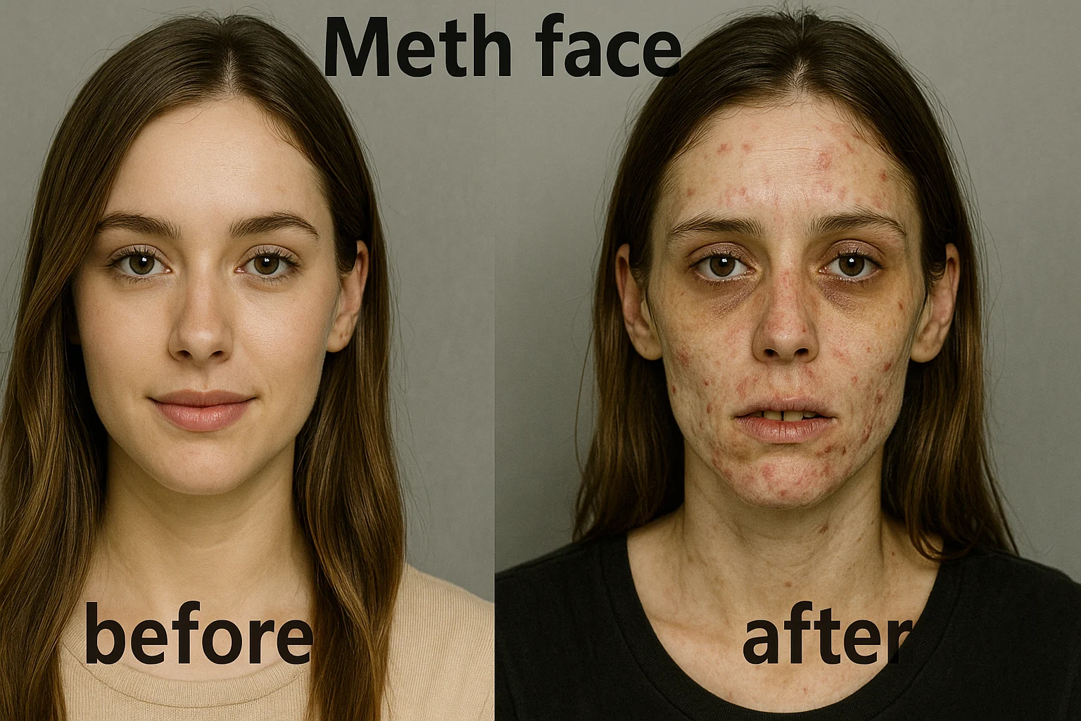 Young woman before and after meth use, showing "Meth face" with clear skin on the left and, on the right, acne scars, dark under-eye circles, and a tired, unhealthy appearance.