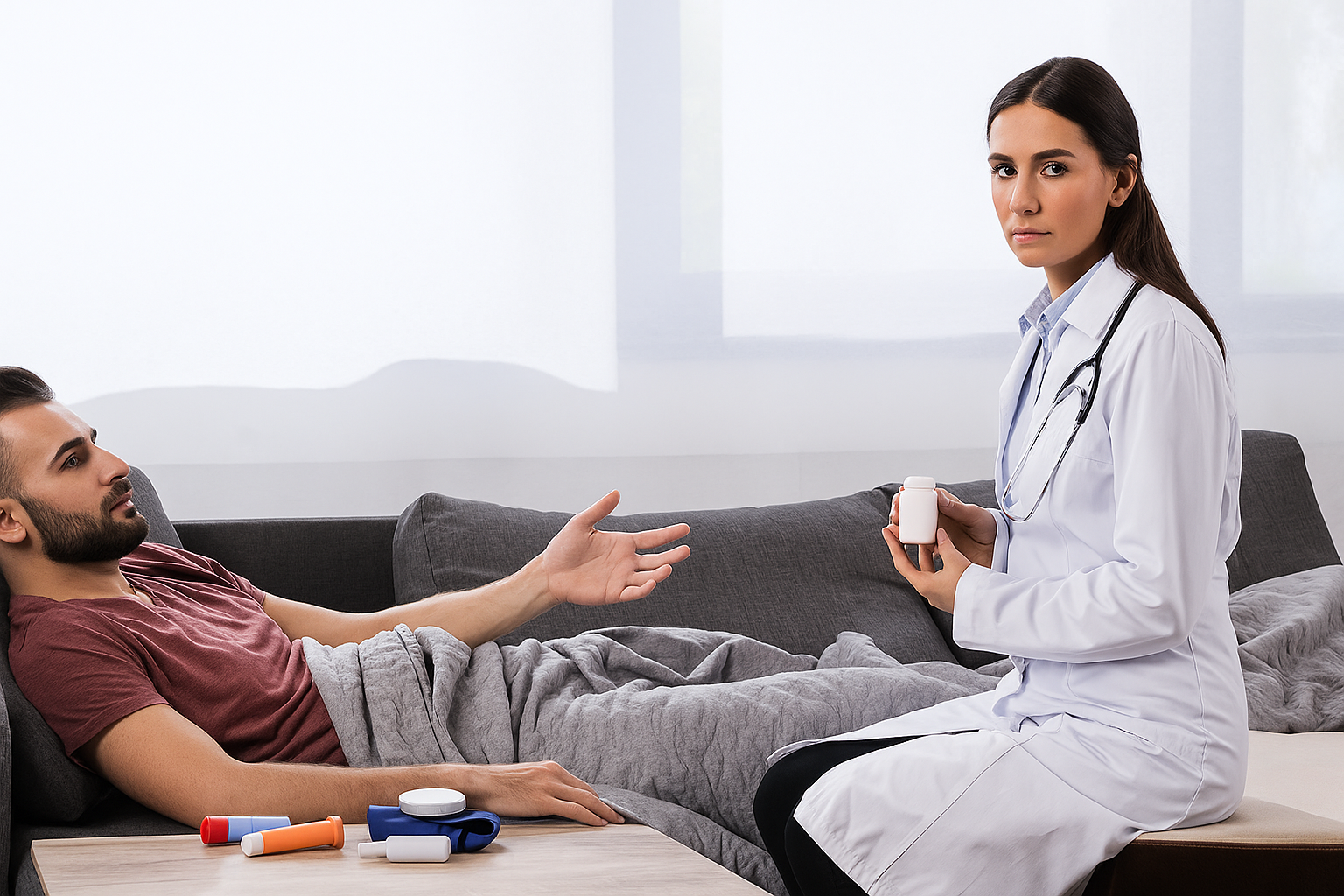 A doctor preparing to administer oxycodone to a patient lying on a couch, surrounded by various medications.