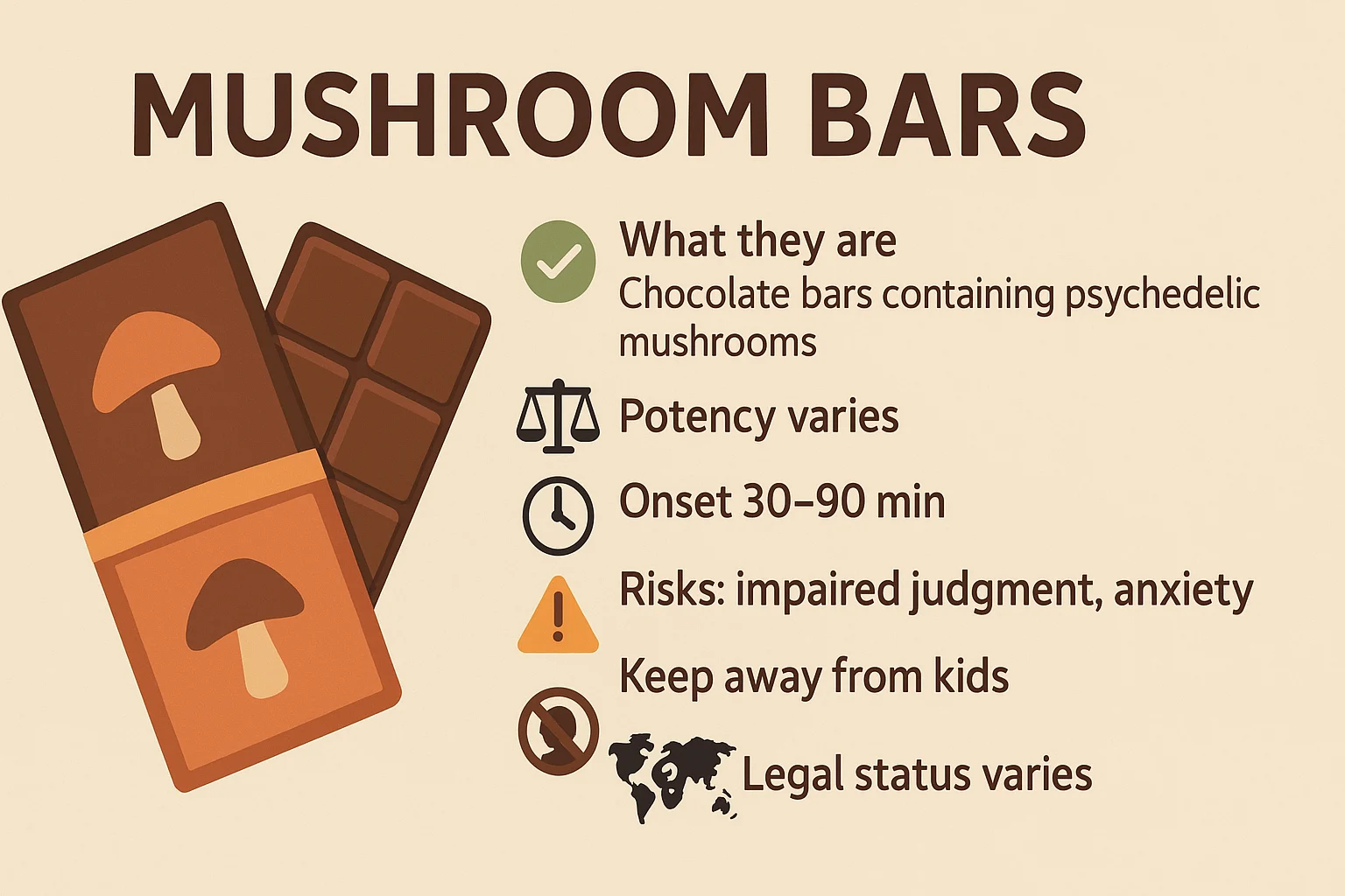 "Mushroom Bars" infographic showing psilocybin chocolate, variable potency, 30–90 min onset, risks, keep from kids, legality varies.