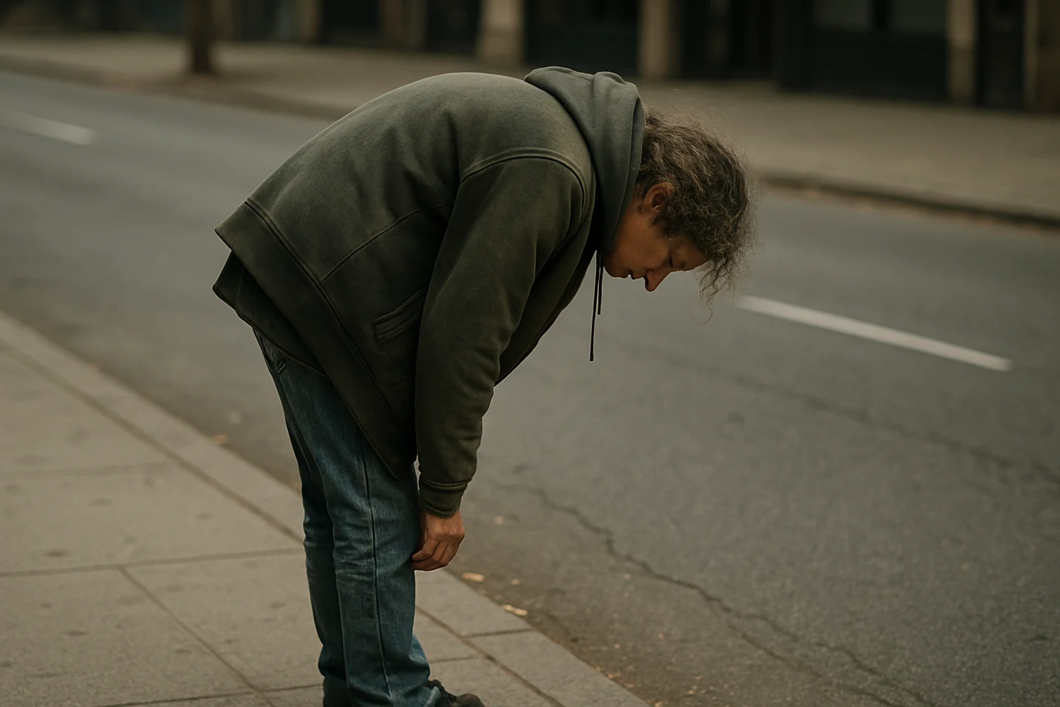Homeless woman bent forward at the waist on a city sidewalk, illustrating the “fentanyl fold” posture often associated with opioid use.