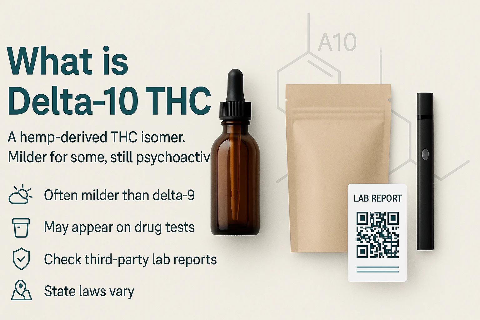 Infographic titled “What is Delta-10 THC” with amber dropper, kraft pouch, vape pen, and lab report card with QR code.
