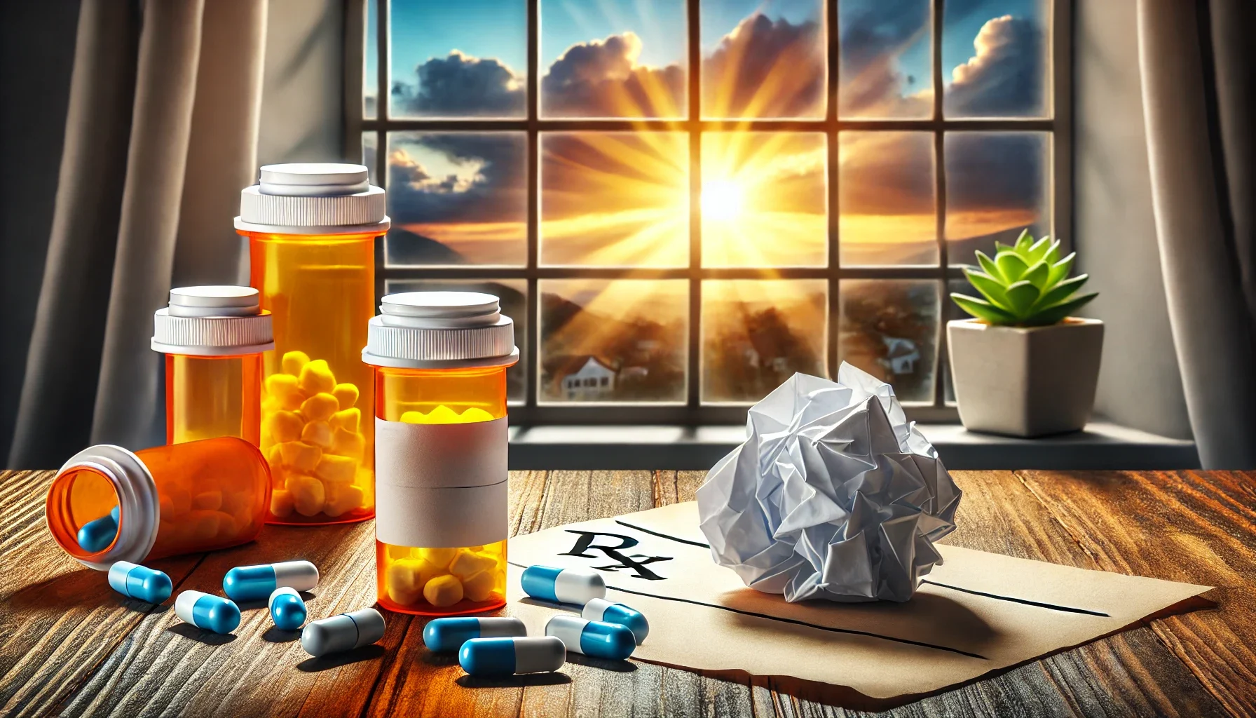 Prescription pill bottles and a crumpled paper symbolize Trazodone misuse, while a sunrise through the window conveys hope and recovery. Prescription pill bottles and a crumpled paper symbolize Trazodone misuse, while a sunrise through the window conveys hope and recovery.