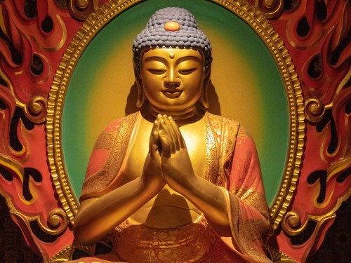 The buddha with hands clasped together