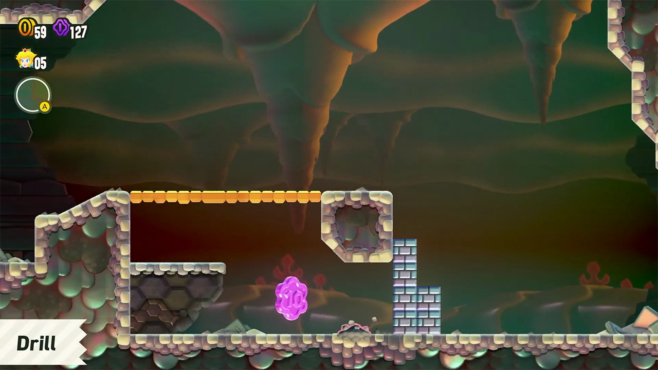 Super Mario Bros. Wonder Power-ups: Drill Mushroom -  Princess Peach Burrowing Into the Ground | Image: Nintendo
