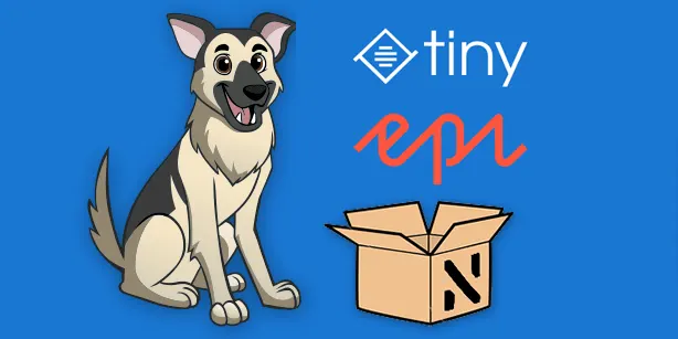 picture of dog opening box with a nansen N on it with the tinymce and episerver logos near it